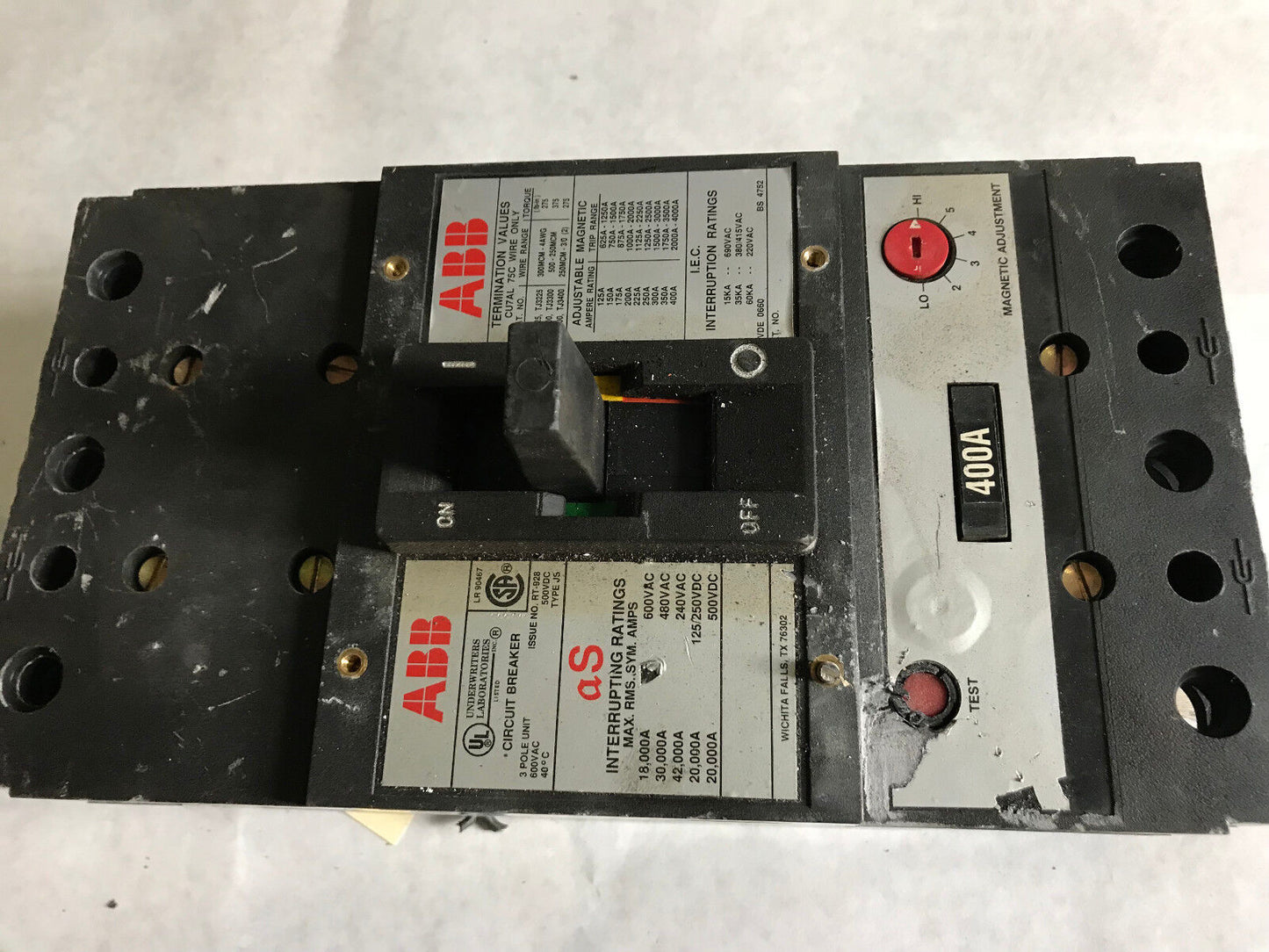 Abb Rt-928 Circuit Breaker,400 A,3-Pole,600 Vac/500 Vdc,Abb Type Js,Cu7al 75C,Ta