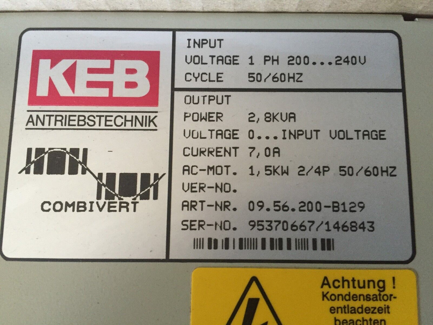 New Keb 09.56.200-B129,2.8Kva Power,7.0A Combivert Inverter Variable Drive,Bi