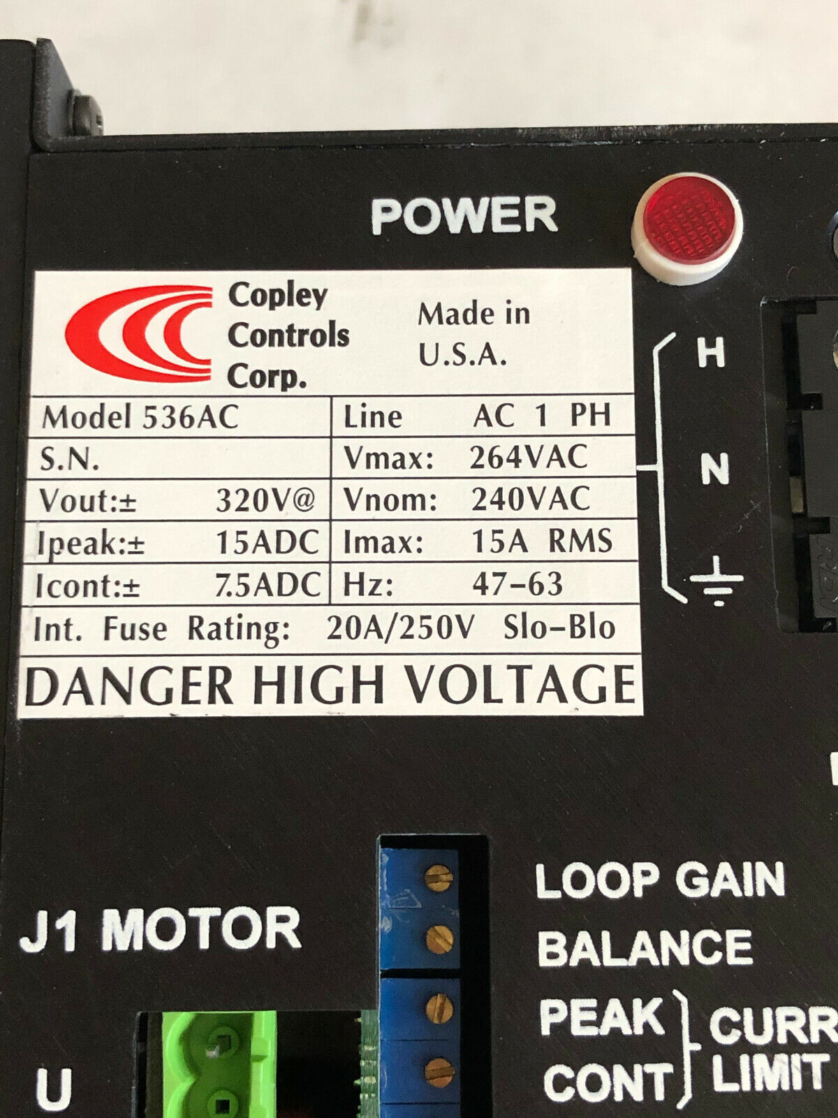 Copley Controls 536Ac Servo Drive/Amplifier 240Vac 1Ph,15A Rms 47-63,Ap