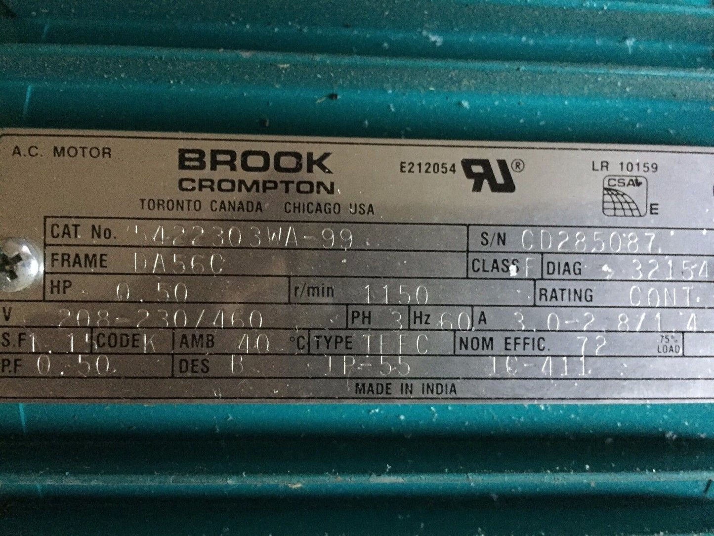 New Brook Crompton 5422303Wa-99 Motor,1/2 Hp 3Ph,208-230/460V,Rpm 115,Bs