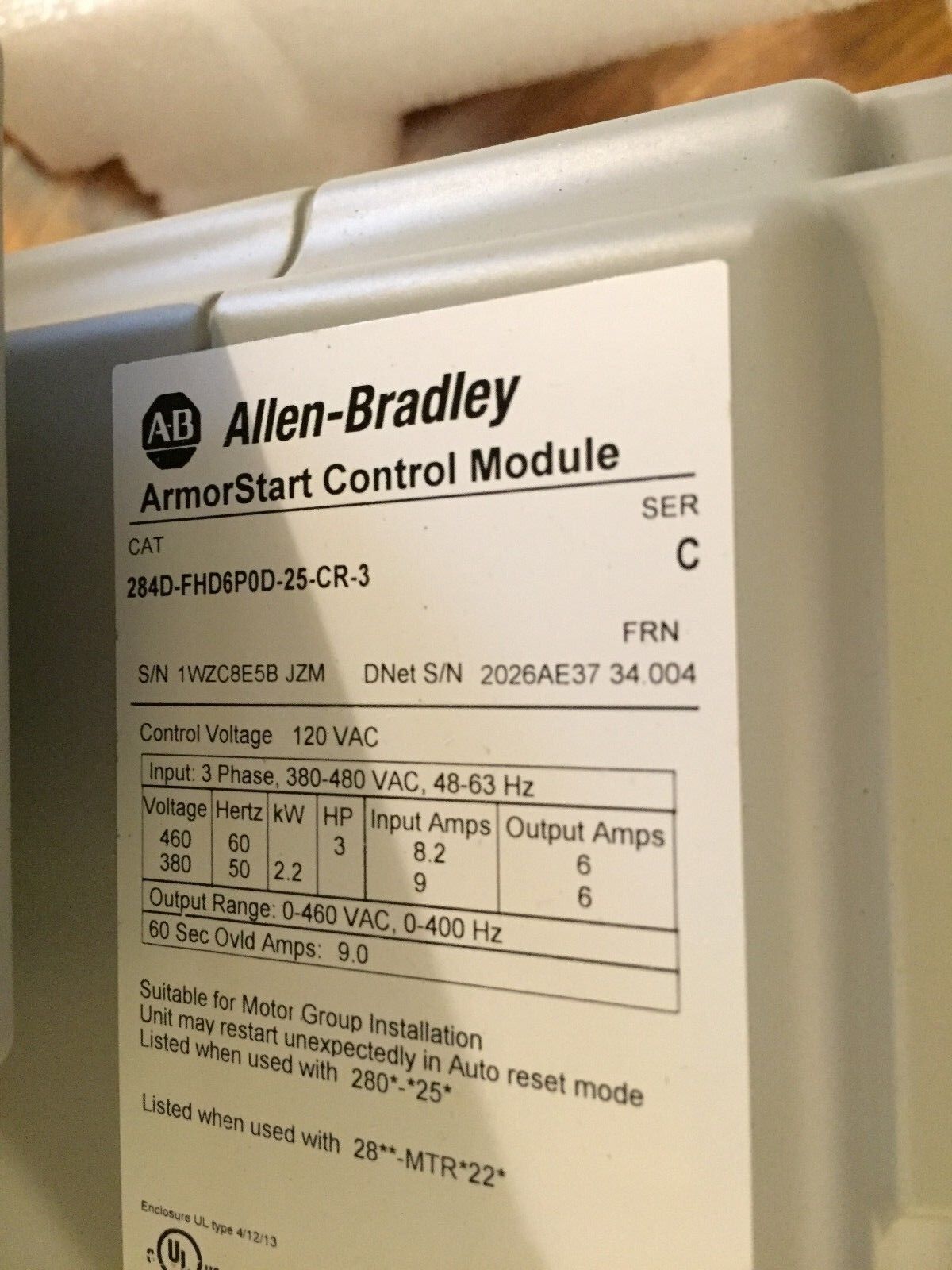New Allen Bradley 284D-Fhd6p0d-25-Cr-3 Drive,280D-Fn-25-C,Armorstart 6Amp,Fa