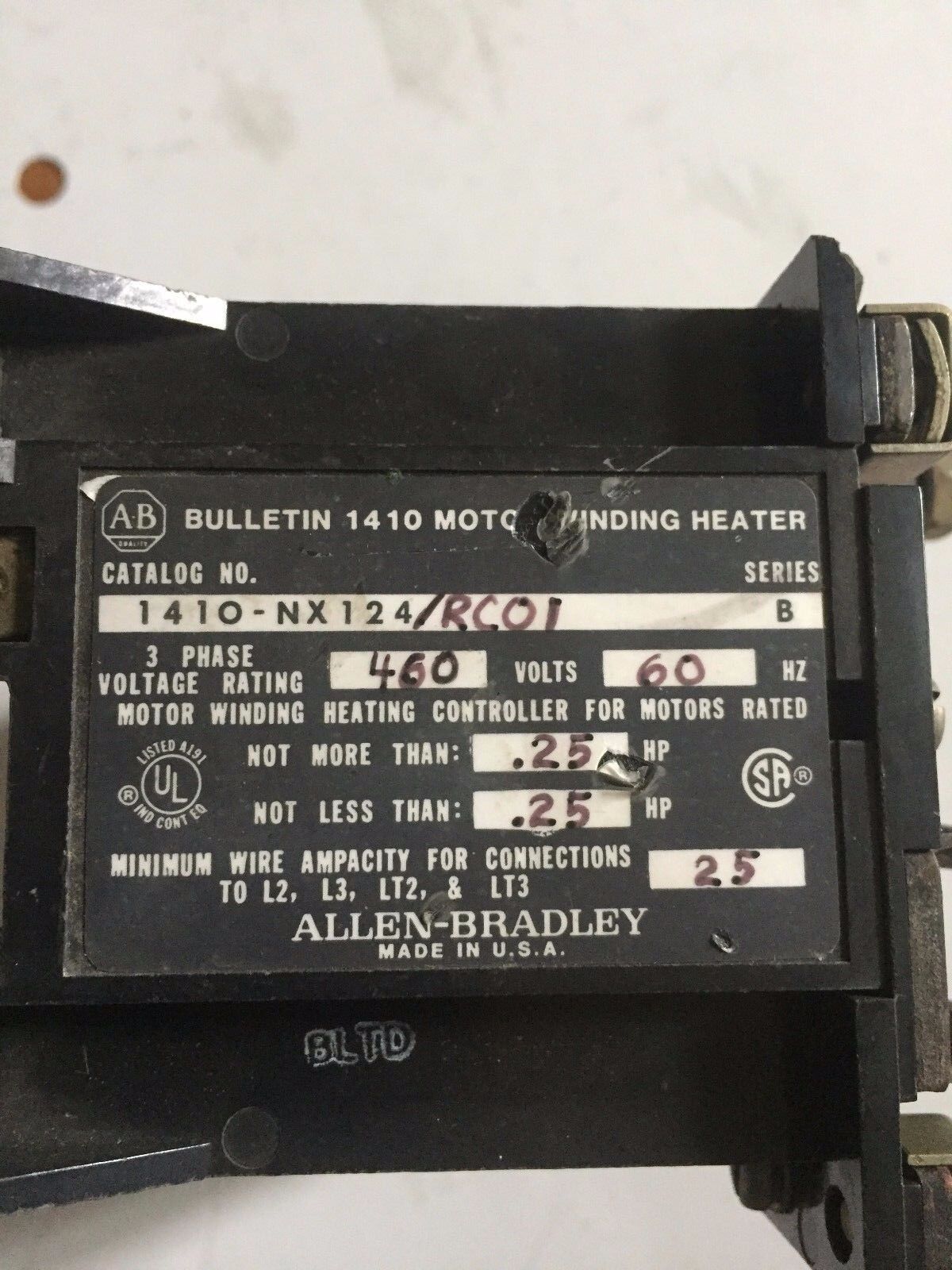 Allen Bradley 1410-Nx124 /Rc01,40283-185-52 Heater Motor Winding 480V,Ec