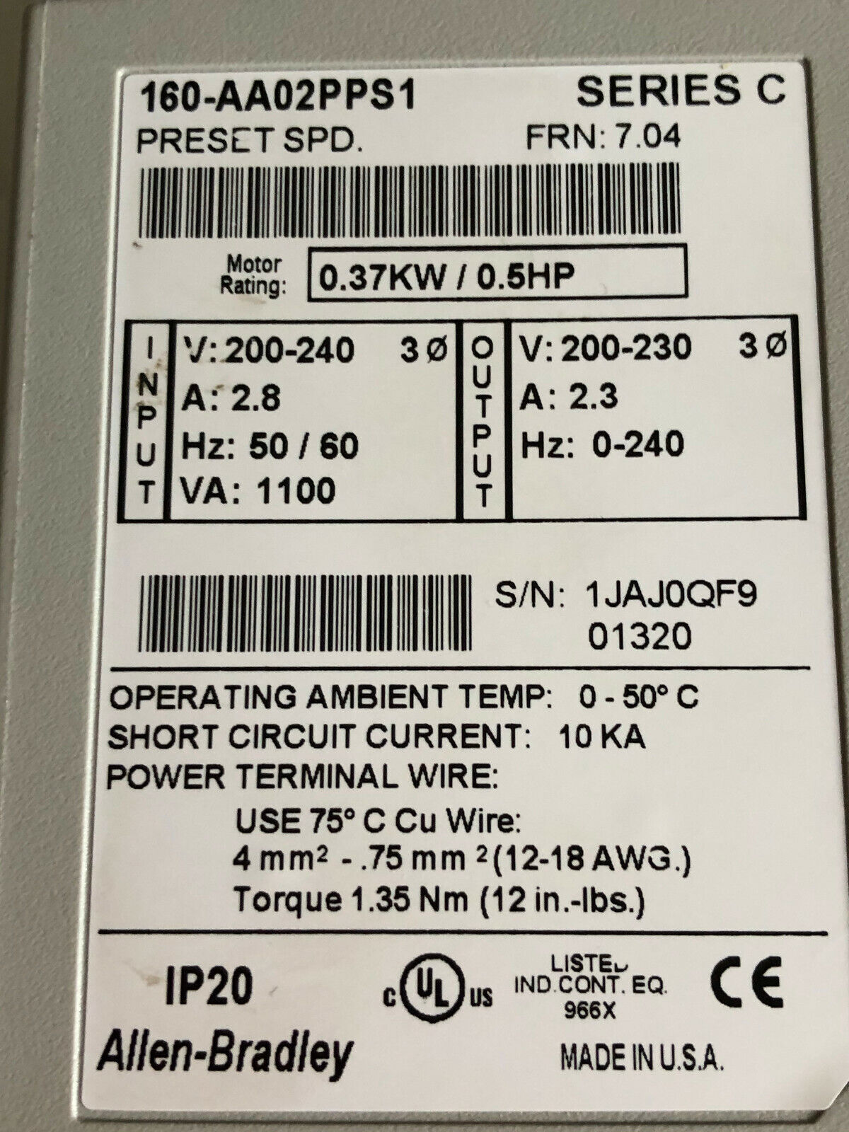 Allen Bradley Input 240V Output 2.3A Motor Rtg:.37Kw/.5Hp 160-Aa02pps1,Se