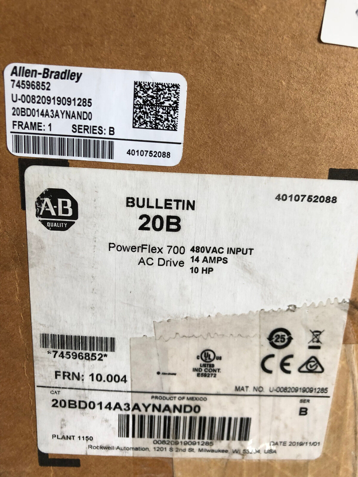 New Allen Bradley 20Bd014a3aynand0 /B Powerflex 700 Ac Drive 480V 14Amps,10Hp,Ay