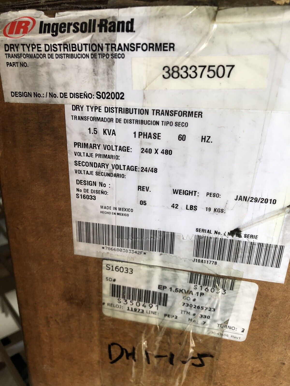New Ingersoll Rand 38337507 Dry Distribution Transformer,1.5 Kva,240/480 Vac,Dh