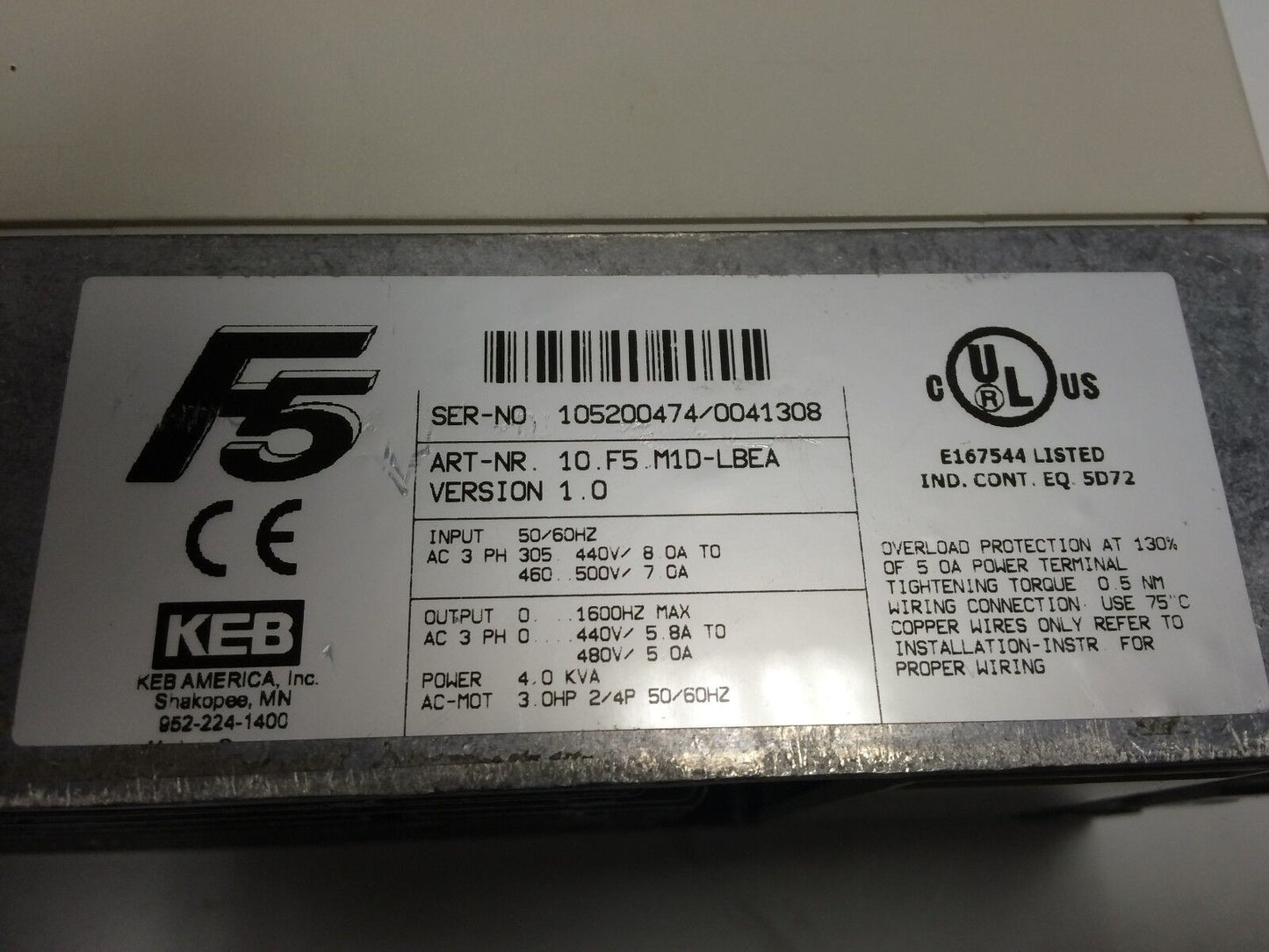 Keb F5 Combivert 10.F5 M1d-Lbea Version 1.0 3Ph Inverter 4.0 Kva,Bw