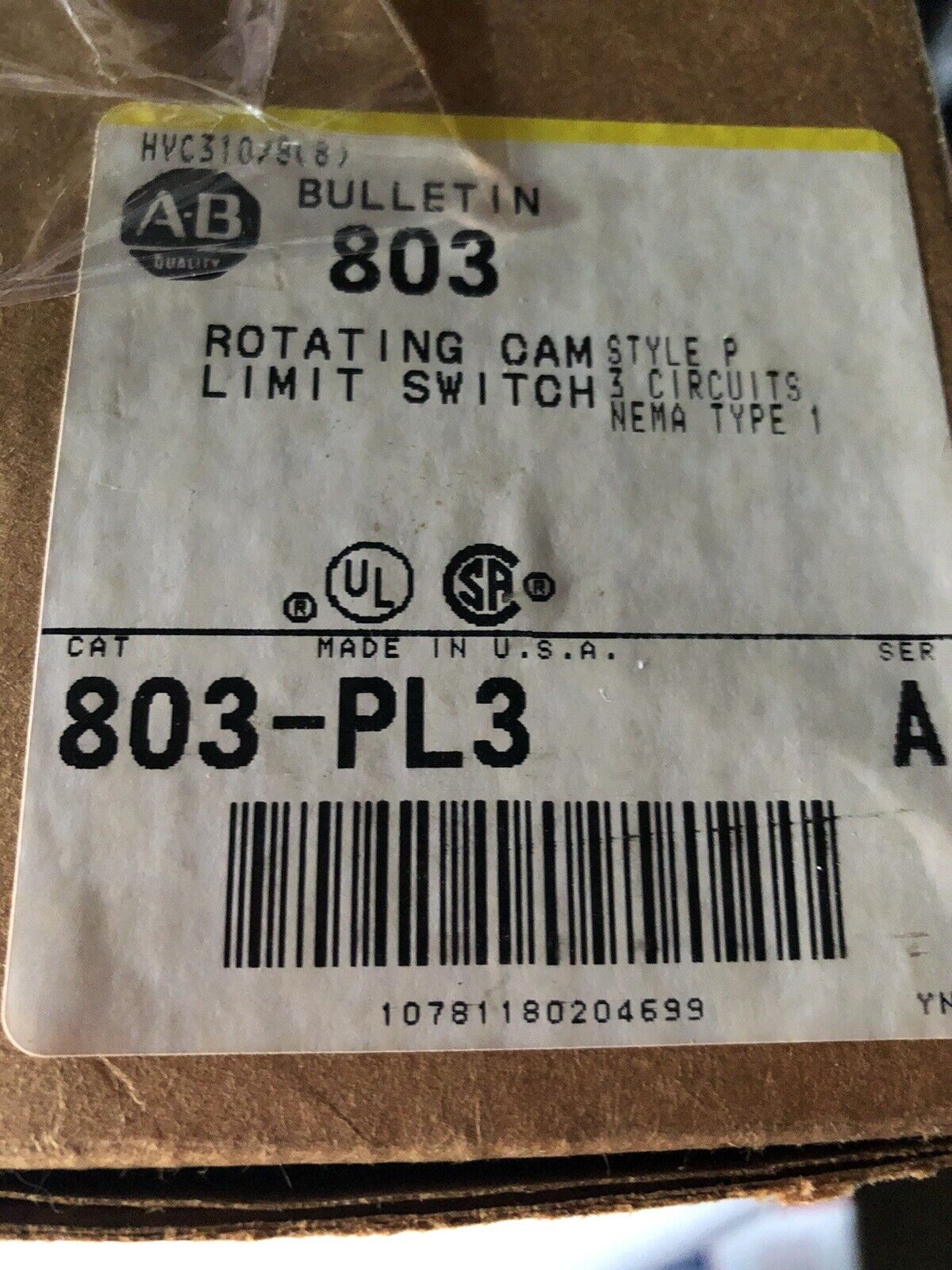 New Allen Bradley 803-Pl3, Nema1 Switch,Rotating Cam Limit600v Ac Max 25 Amps,An