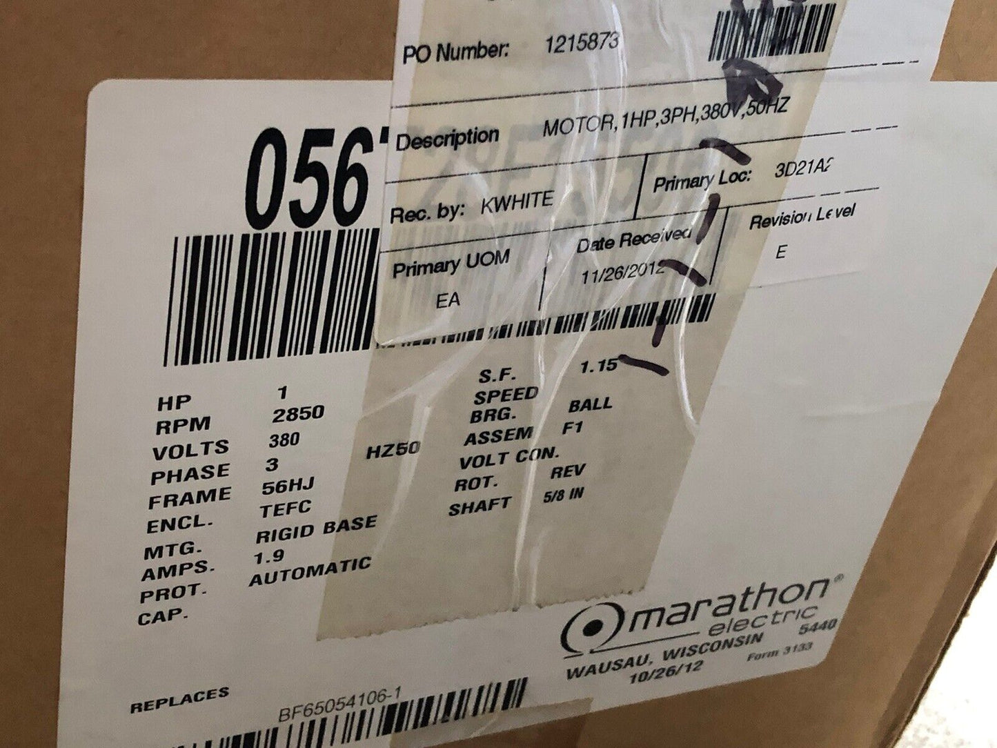 Marathon Electric 8517090 Three Phase Motor,1Hp,Marathon Lql56t28f15506a B,Av