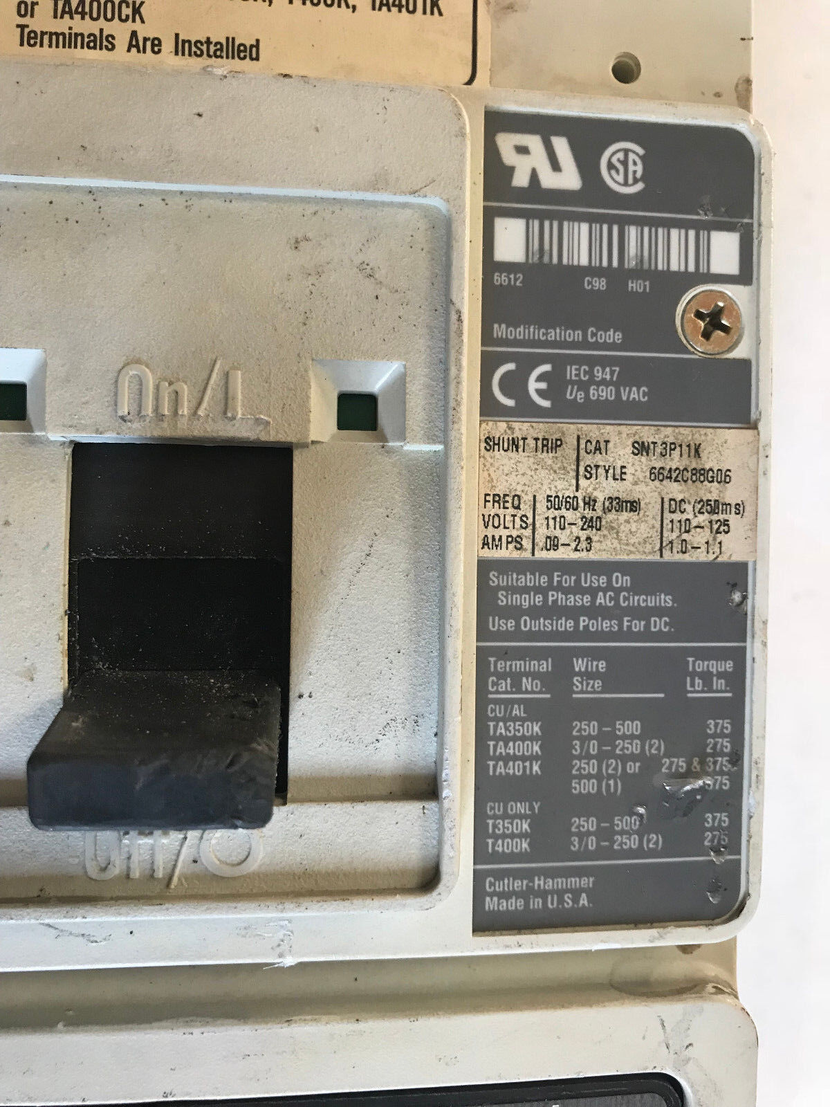Cutler Hammer Hmcp400x5ca09s29 3 Pole Circuit Breaker,400A,600Vac,Chmcp,Hmcp,Sa