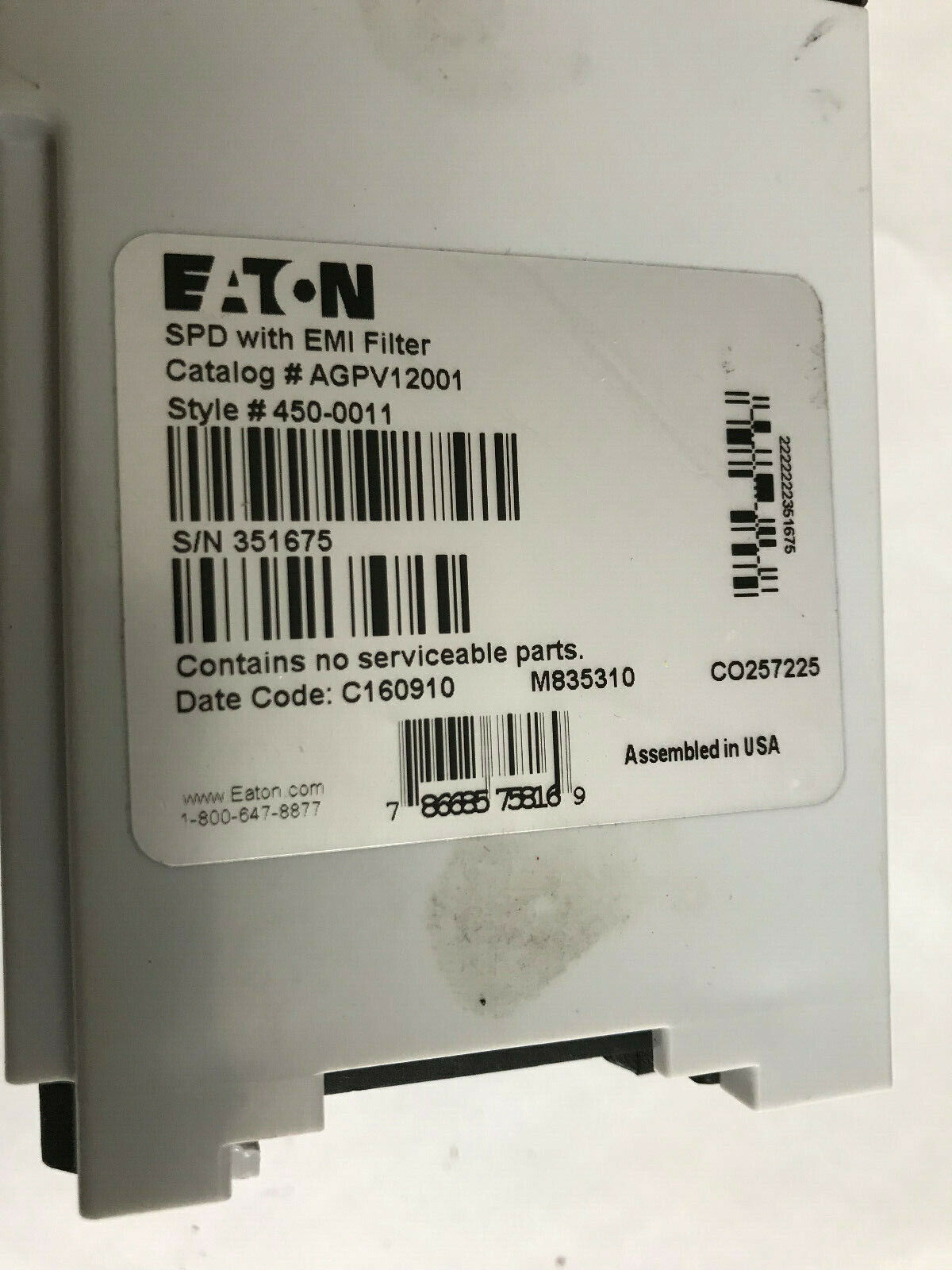 Cutler Hammer Agpv12001,450-0011,Eaton Aegis Premium Filter Spd, Emi Filter,Sm