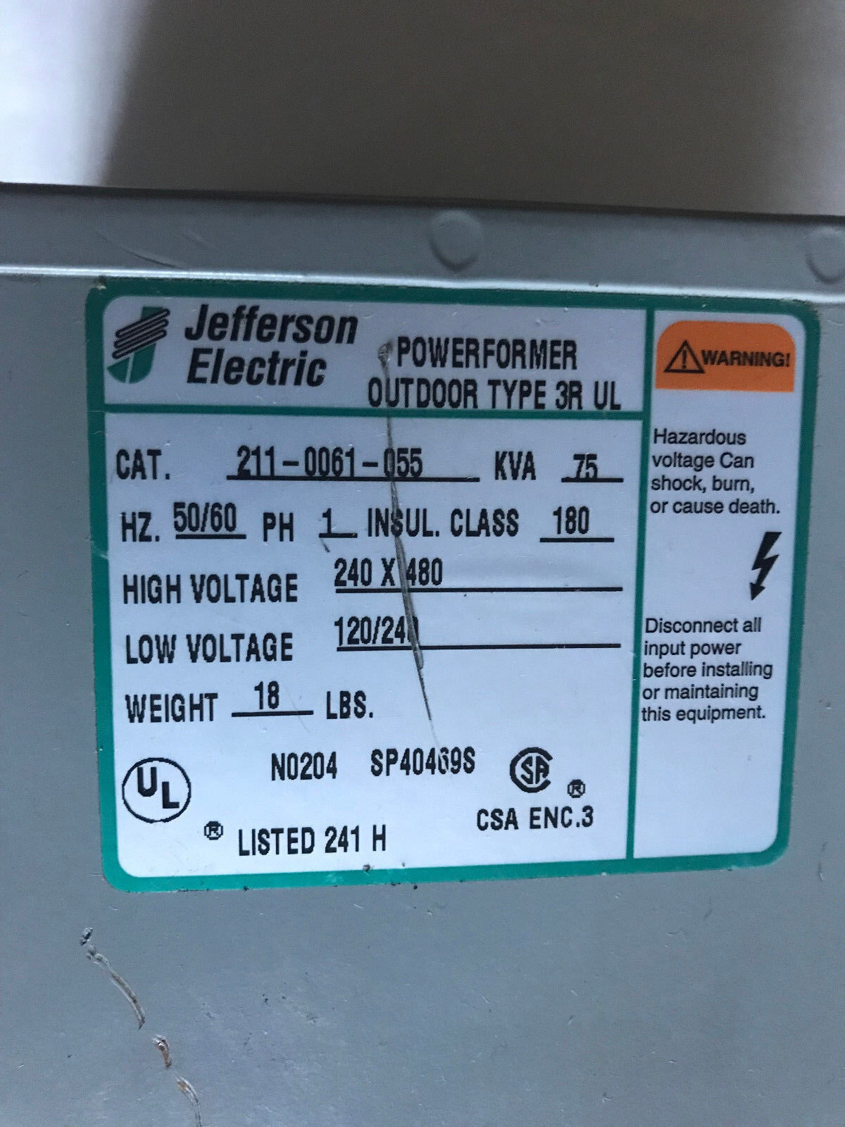 New Jefferson Electric 211-0061-055 Converter Powerformer Outdoor Type 3R Ul,Sc
