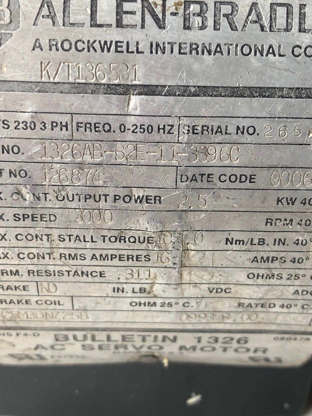Allen Bradley 1326Ab-B2e-11-3396C,1326 Ac Servo Motor,230V,3Ph 126874 1326,Aq