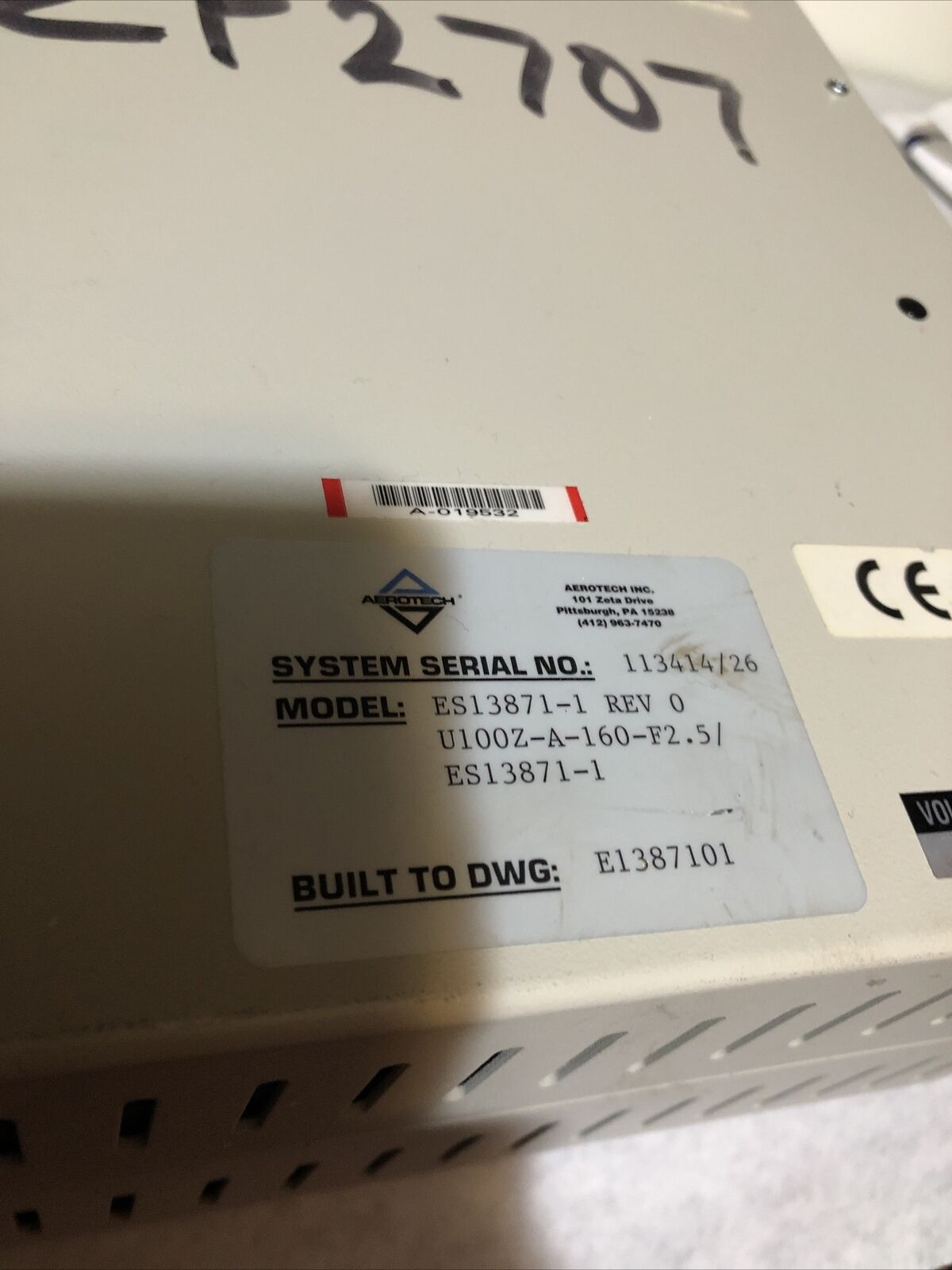 Aerotech Es13871-1 Unidex 100 Multitasking U100z-A-160-F2.5 ,250 Vac 3A,Cm,Bg