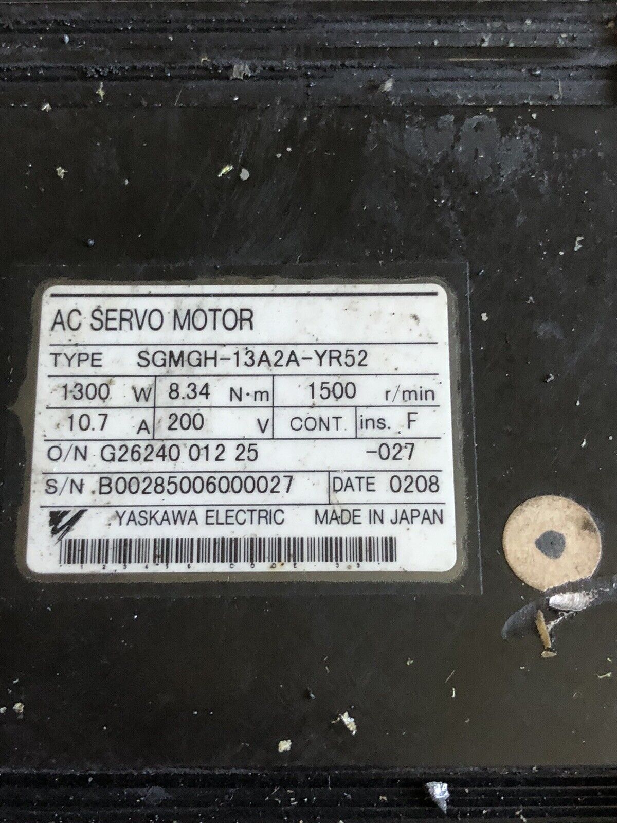 Yaskawa Sgmgh-13A2a-Yr52, R10887 625 Ac Servo Motor, 1500 Rpm, 200 Vac,Bh,Be