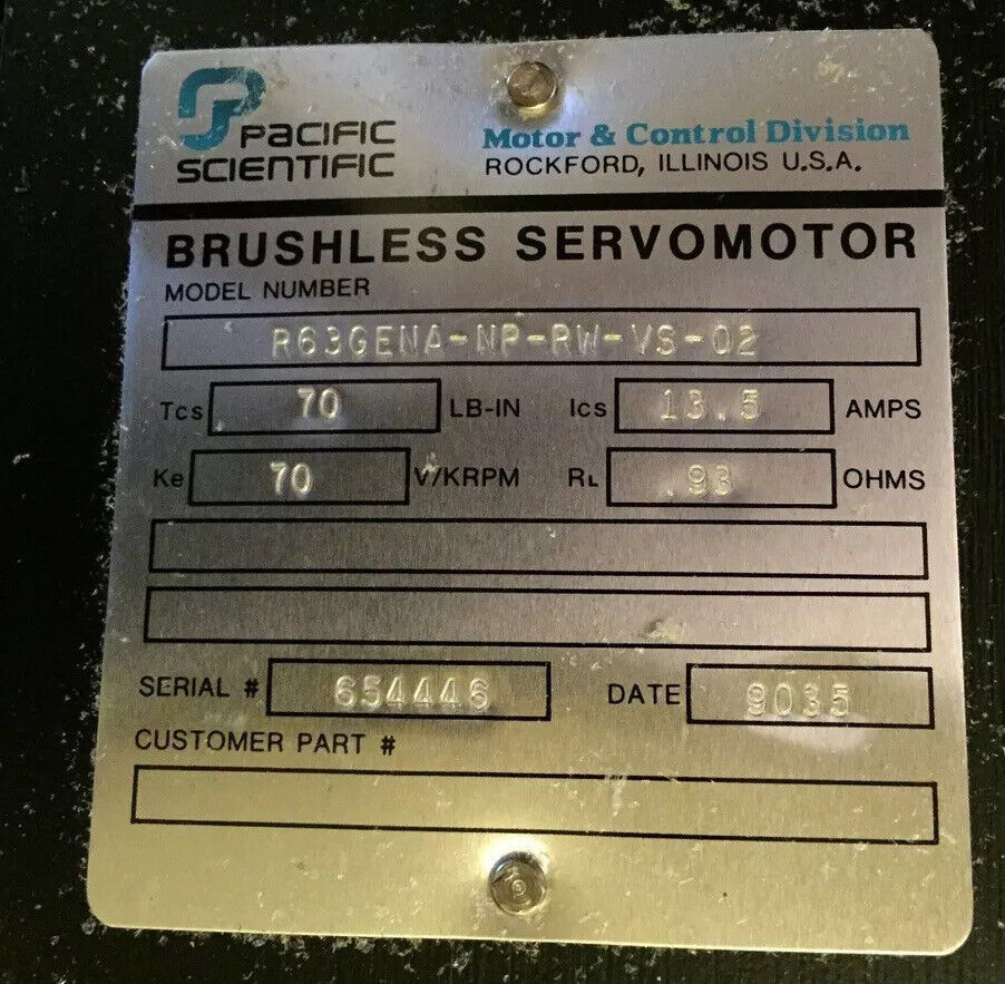 Pacific Scientific R63gena-Np-Rw-Vs-02 Brushless Servo Motor 70Lb-In 13.5A,Fa