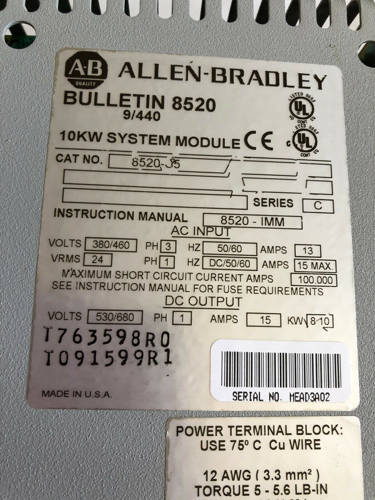 Alen-Bradley 8520-35,1394 Digital Servo Controller,Bulletin 8520 9/440,10Kw,Fe