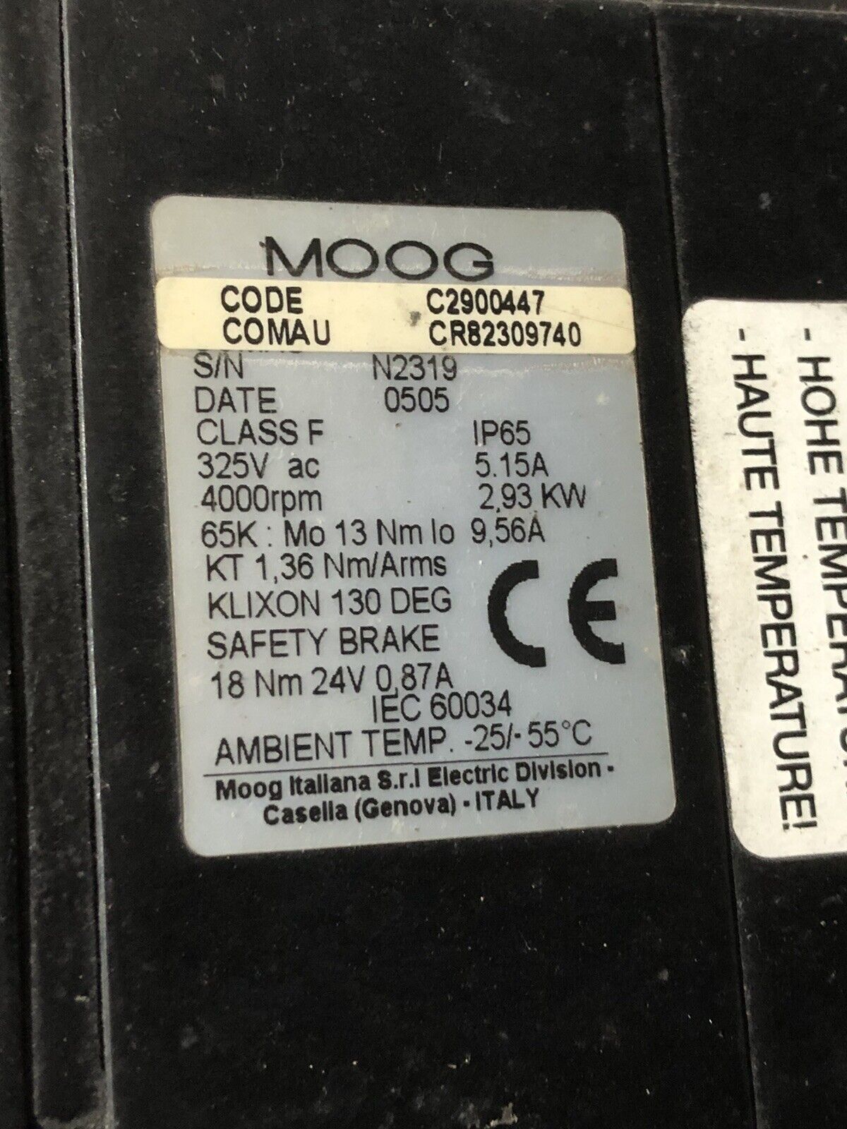 Moog C2900447 Servo Motor,Cr82309740,Ip65,5.15A,4000Rpm 325Vac,To