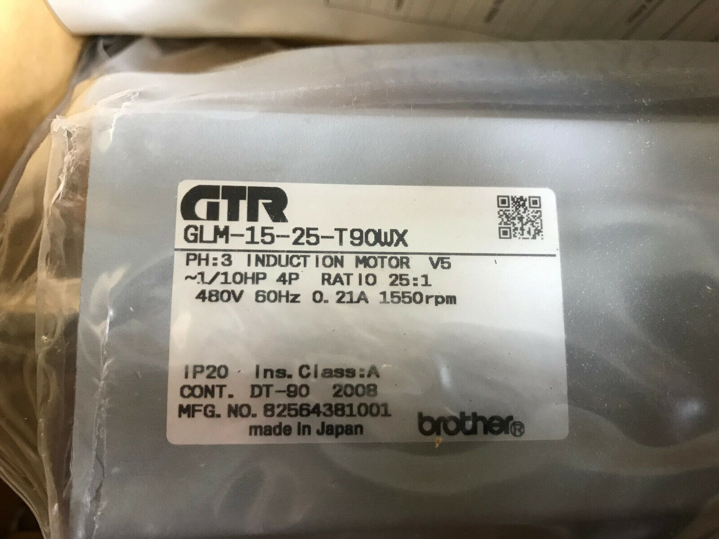 Brother Gtr Glm-15-25-T90wx Induction Gear Motor,1/10Hp,3-Ph,Ratio 25:1,Ha,Ae