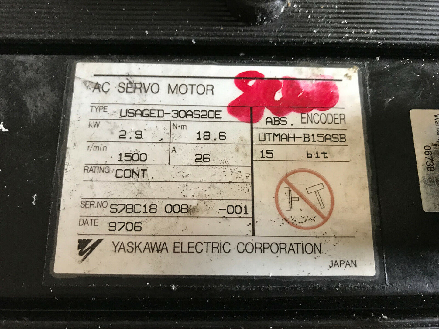 Yaskawa Usaged-30As20e Ac Servo Motor,2.9 Kw,Rpm 1500,26A,Utmah-B15asb,So