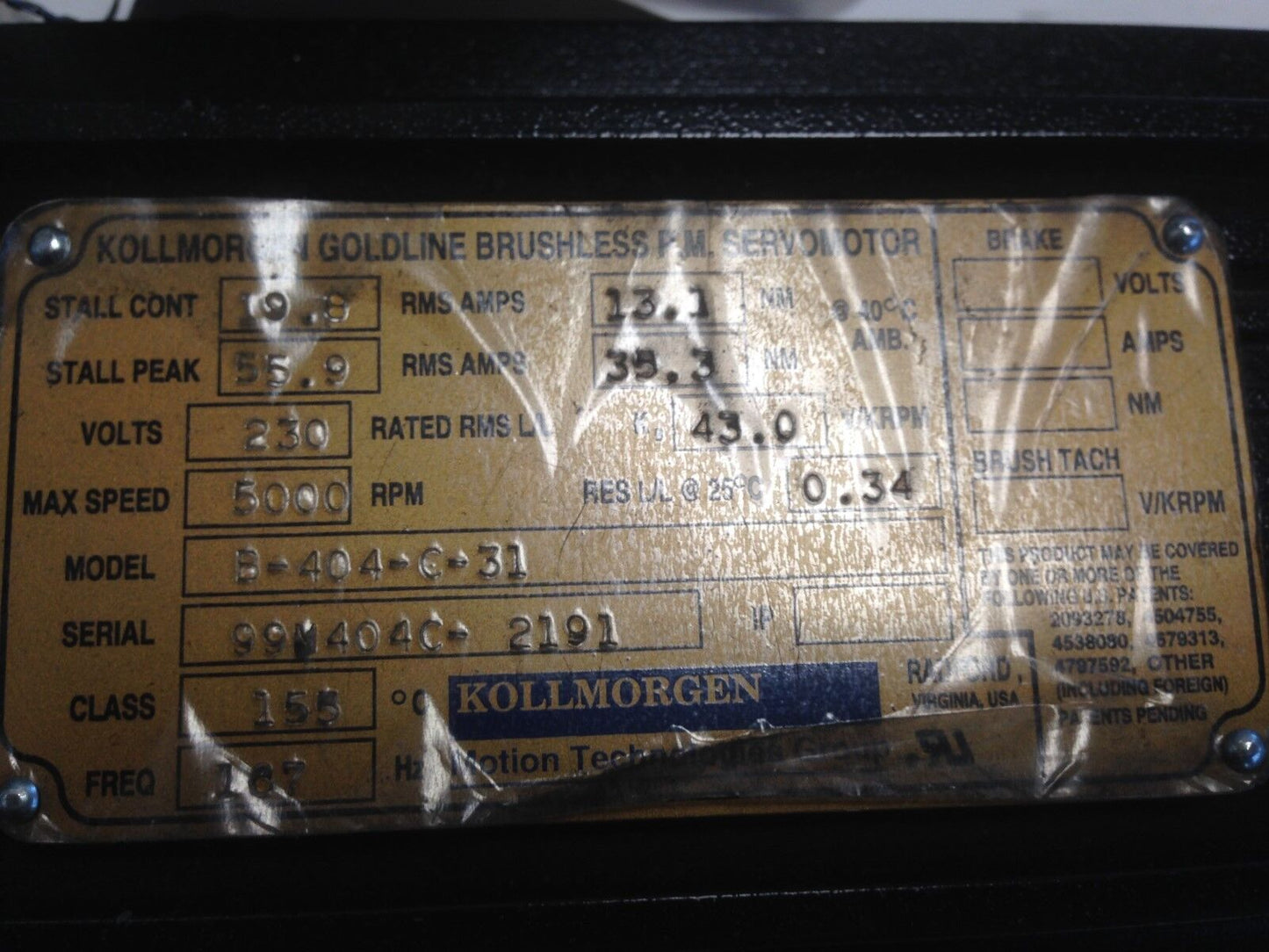 New Kollmorgen B-404-C-31 Goldline Ac Servo Motor, 230 Vac, 5000 Rpm,Th