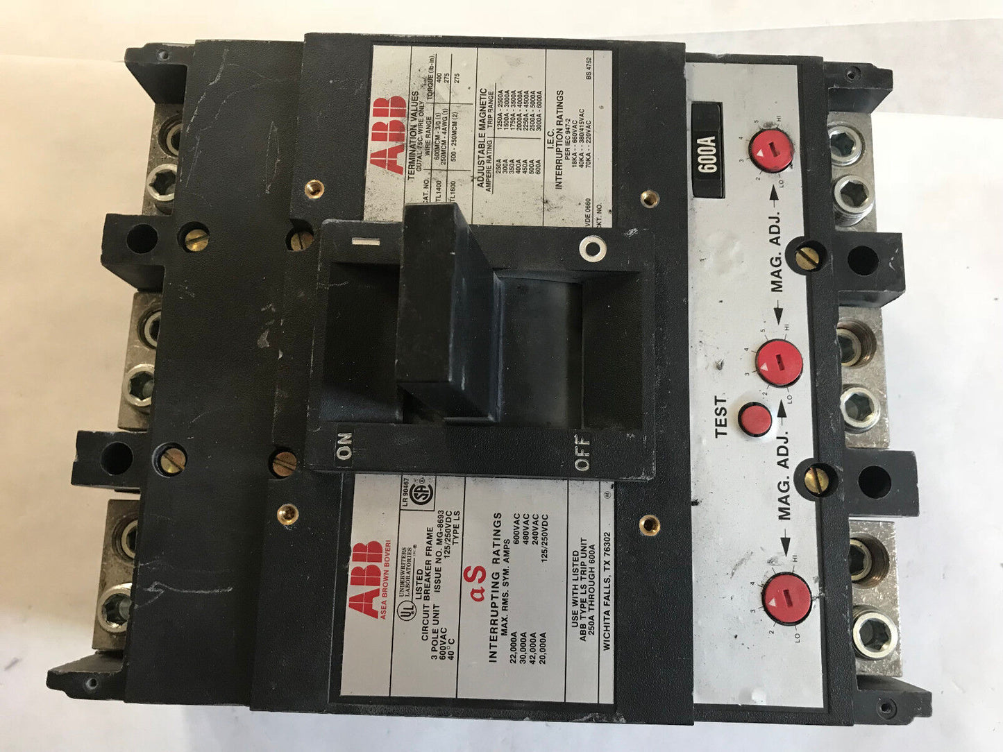 Abb Tl1400,Abb Ls,Abb Tl1600,Circuit Breaker,3 Pole 600A 600Vac 125/250Vdc,Sa