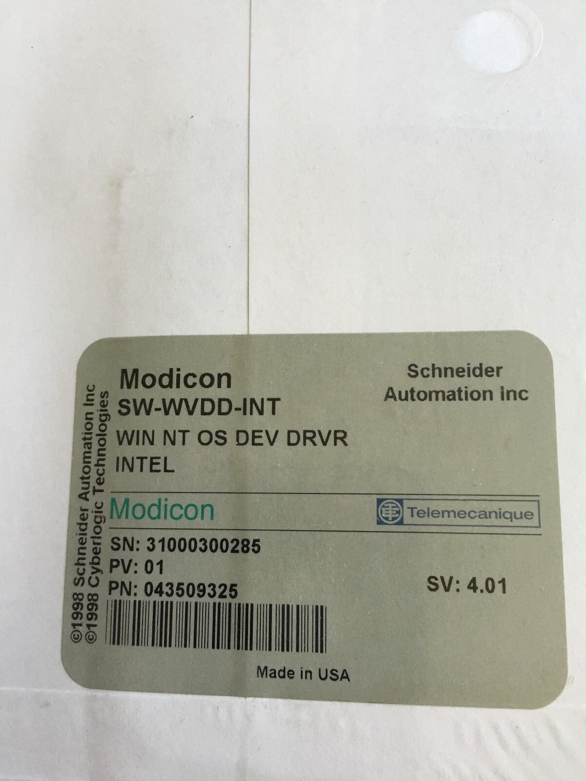 Gould 043509325, Modicon Sw-Wvdd-Int Windows Nt Os Dev Driver Intel,Software,Ea