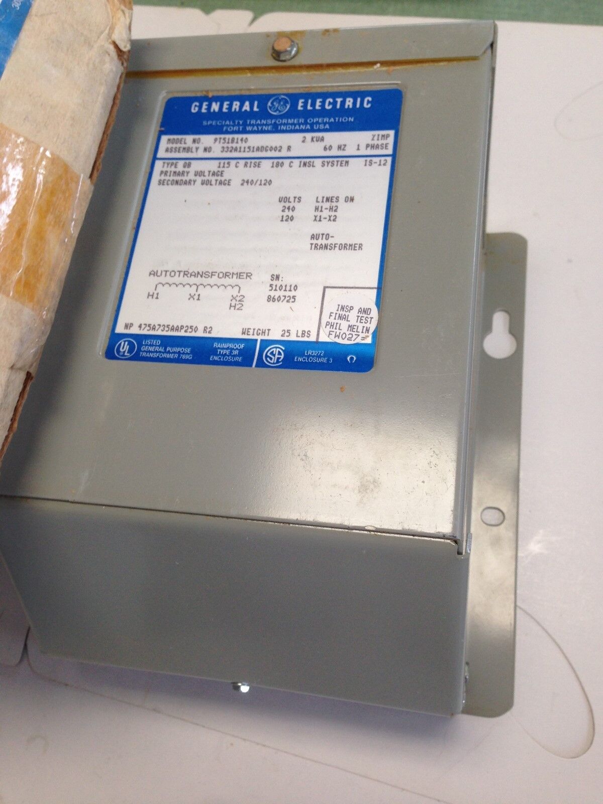 New General Electric Ge 9T51b140 Transformer 0.75Kva 1Ph 120Vpr ,Dh