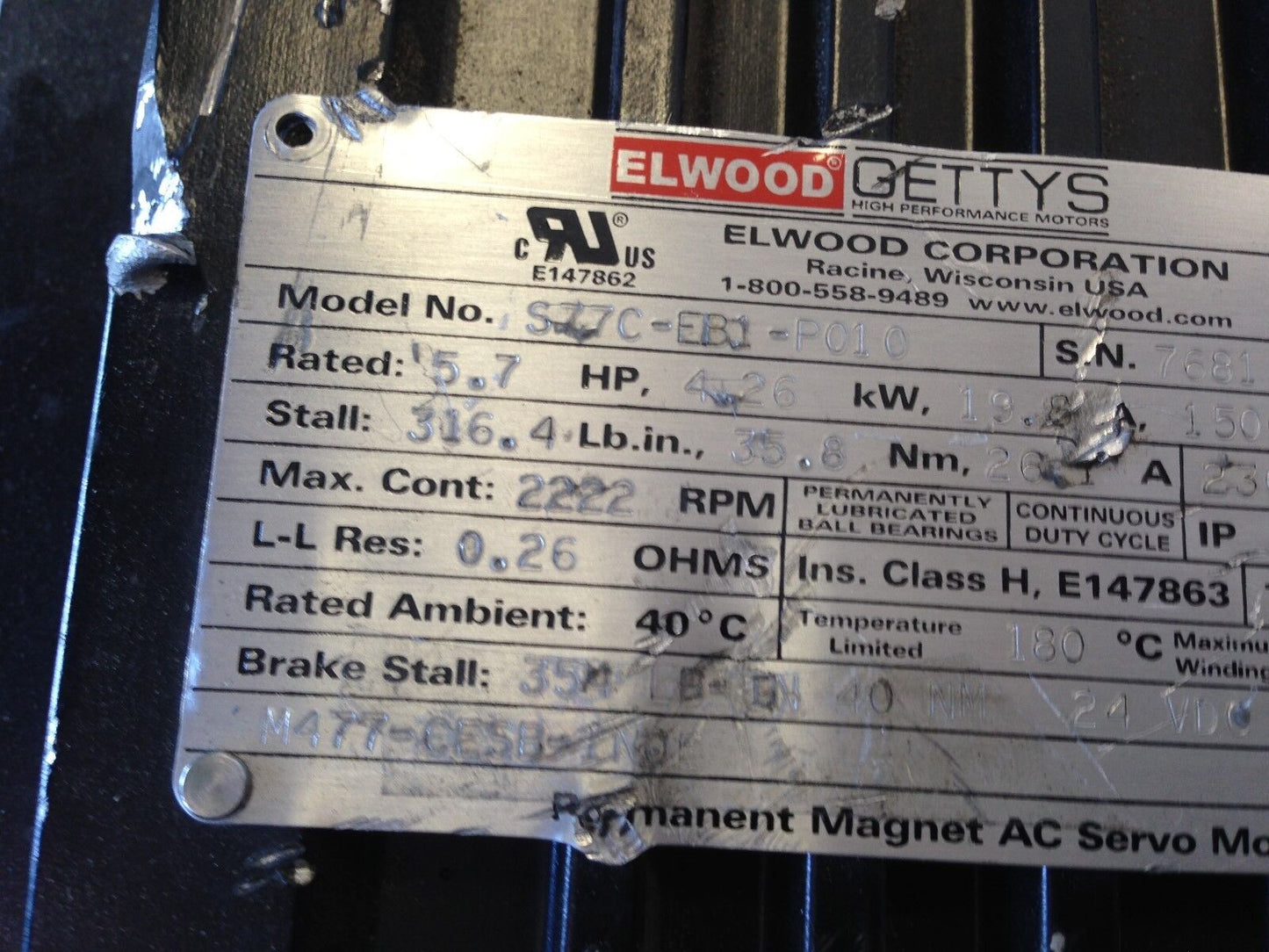 Elwood Gettys S77c-Eb1-P010 Permanent Magnet Ac Servo Motor,5.7Hp,M477,Av