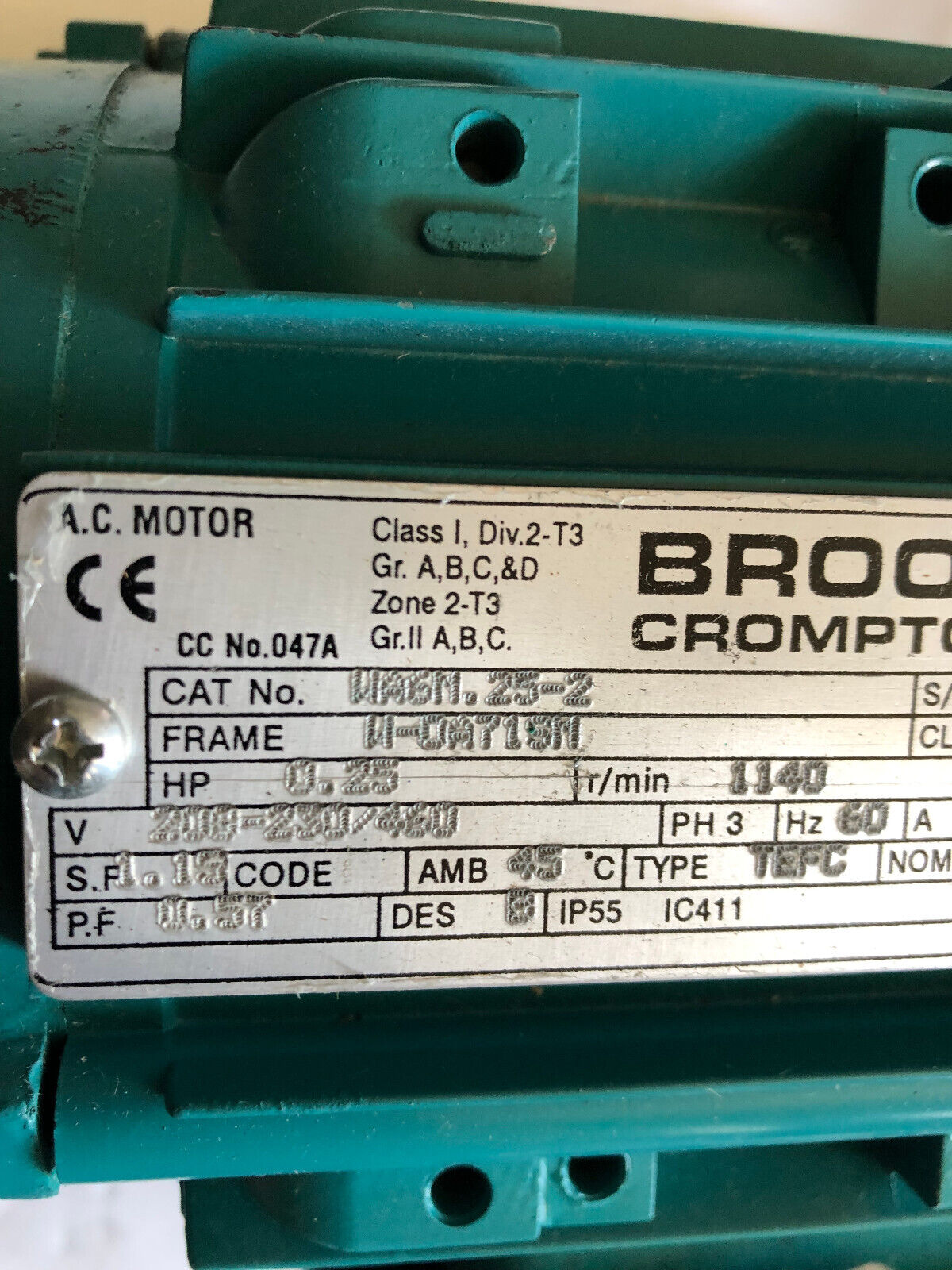New Brook Crompton Wa6n.25-2,Wa6m.25-2 Inverter Duty Motor. 0.25Hp, 1140Rpm,Aa