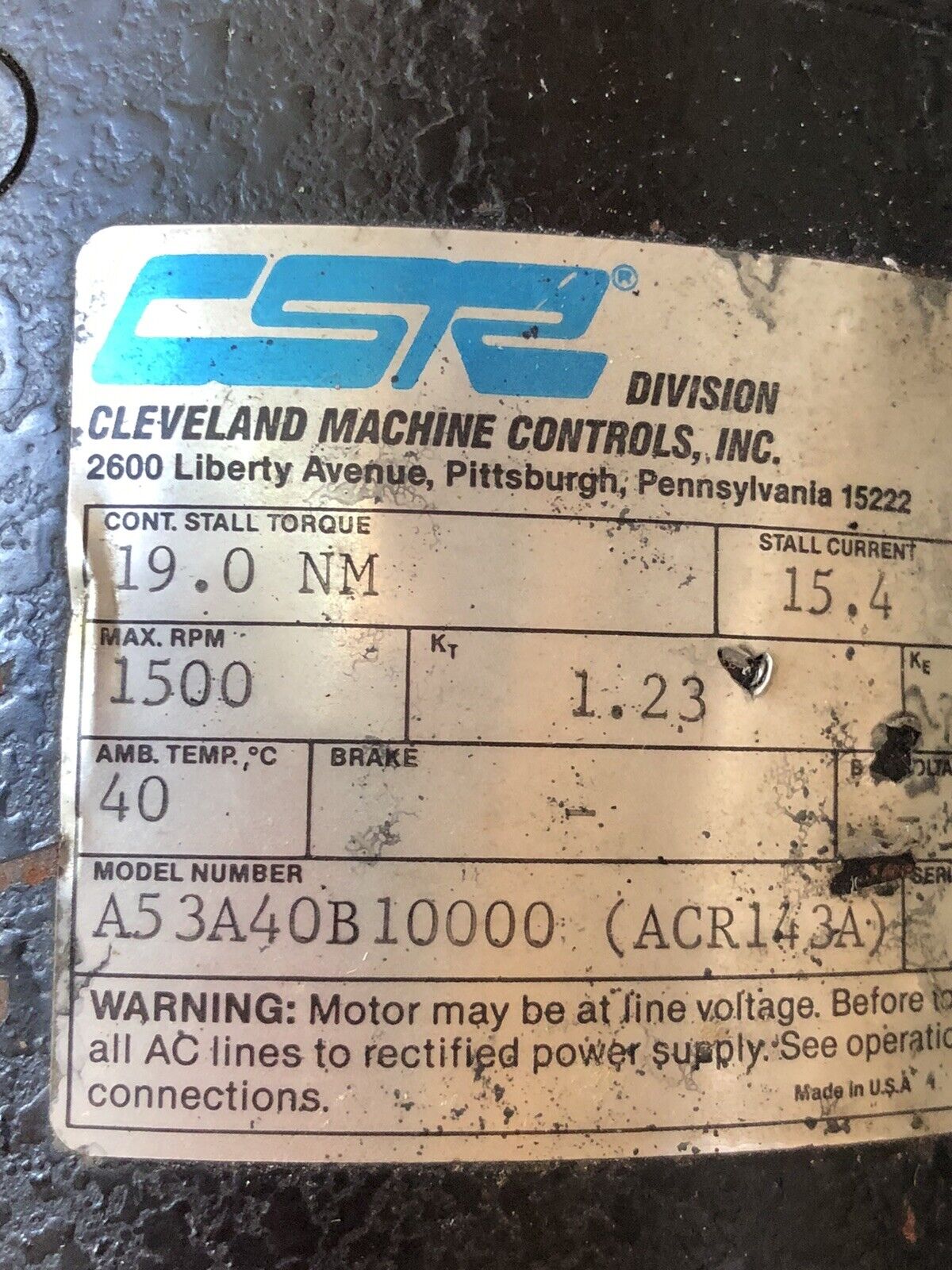 Csr,Cleveland A53a40b10000 Acr14 3A,Ac Servo Motor,230 Vac,2.53 Kw,1500 Rpm,Ti