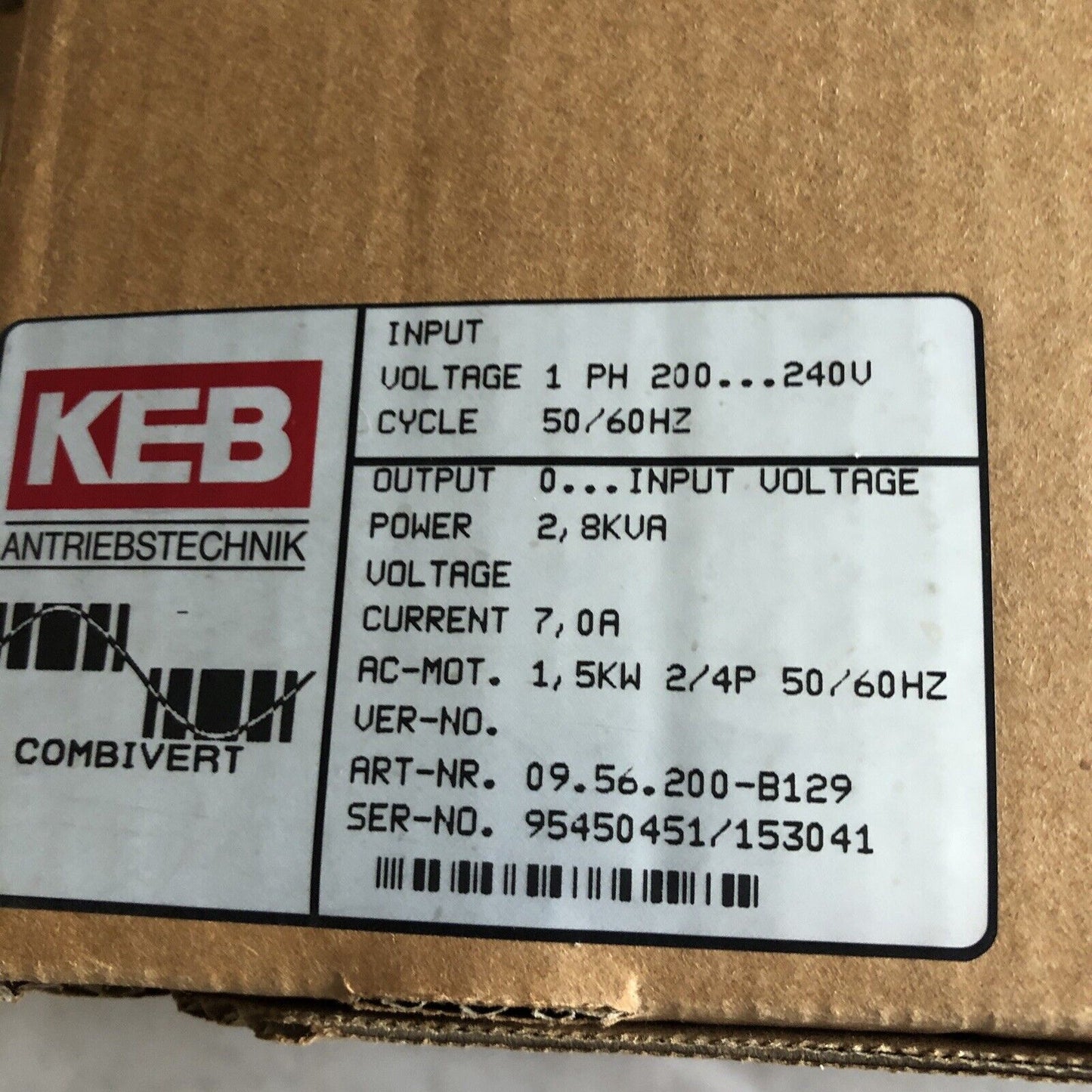 New Keb 09.56.200-B129,2.8Kva Power,7.0A Combivert Inverter Variable Drive,Bi