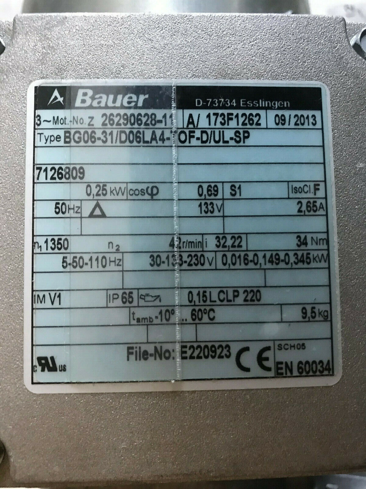Bauer 26290628-11,Bg06-31/D06la4tof-D/Ulsp Gearmotor,133V,2.65A,42Rpm,E220923,Sn