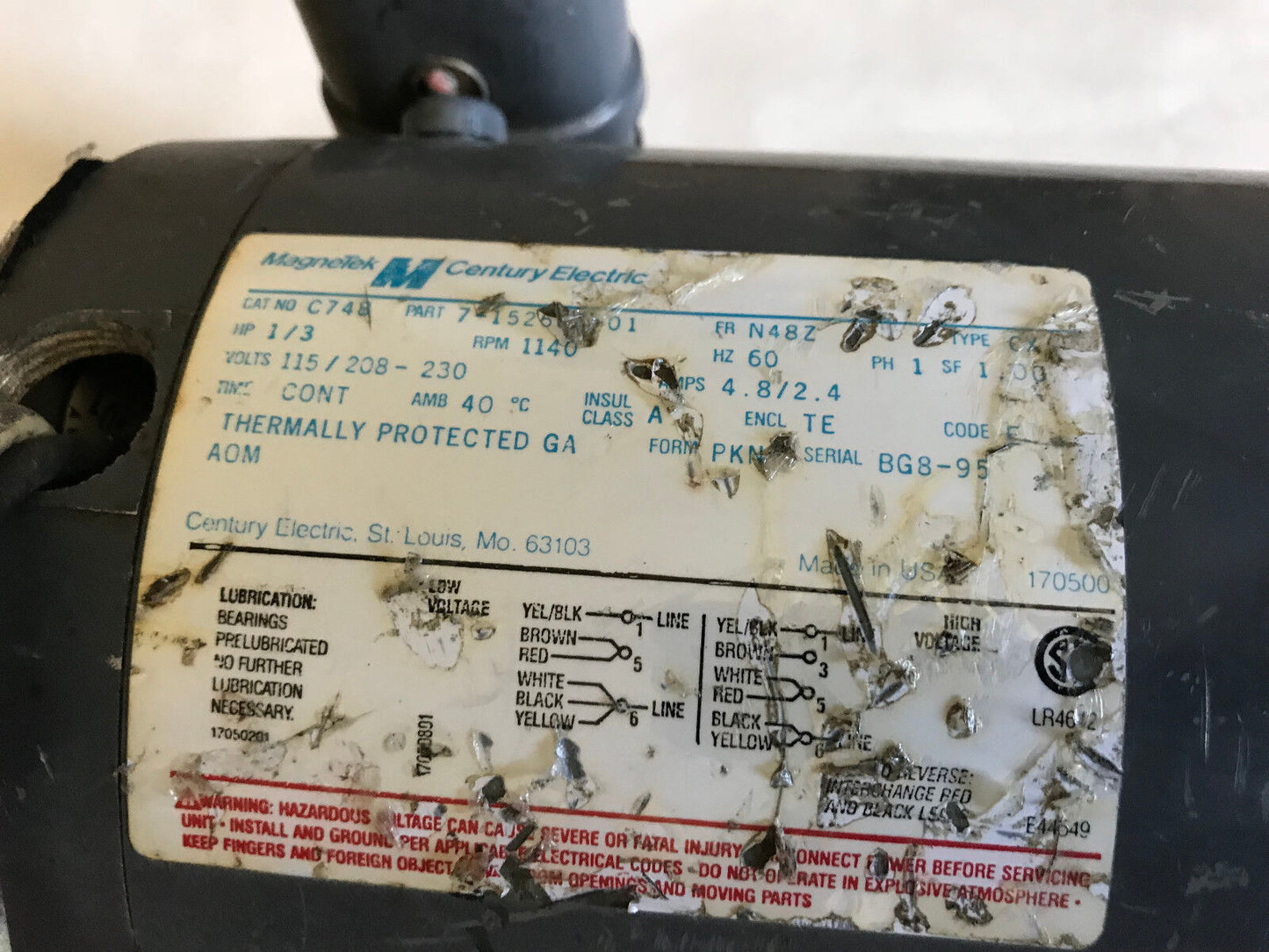 Magnetek Century C748,7-152664-01 1/3Hp 1140Rpm 115/208-230V 1Ph Ac Motor,Aj