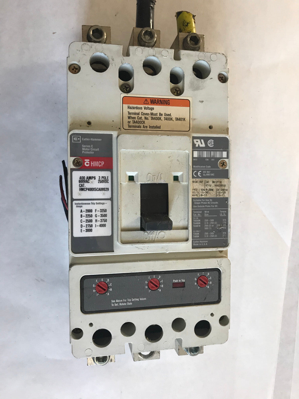 Cutler Hammer Hmcp400x5ca09s29 3 Pole Circuit Breaker,400A,600Vac,Chmcp,Hmcp,Sa