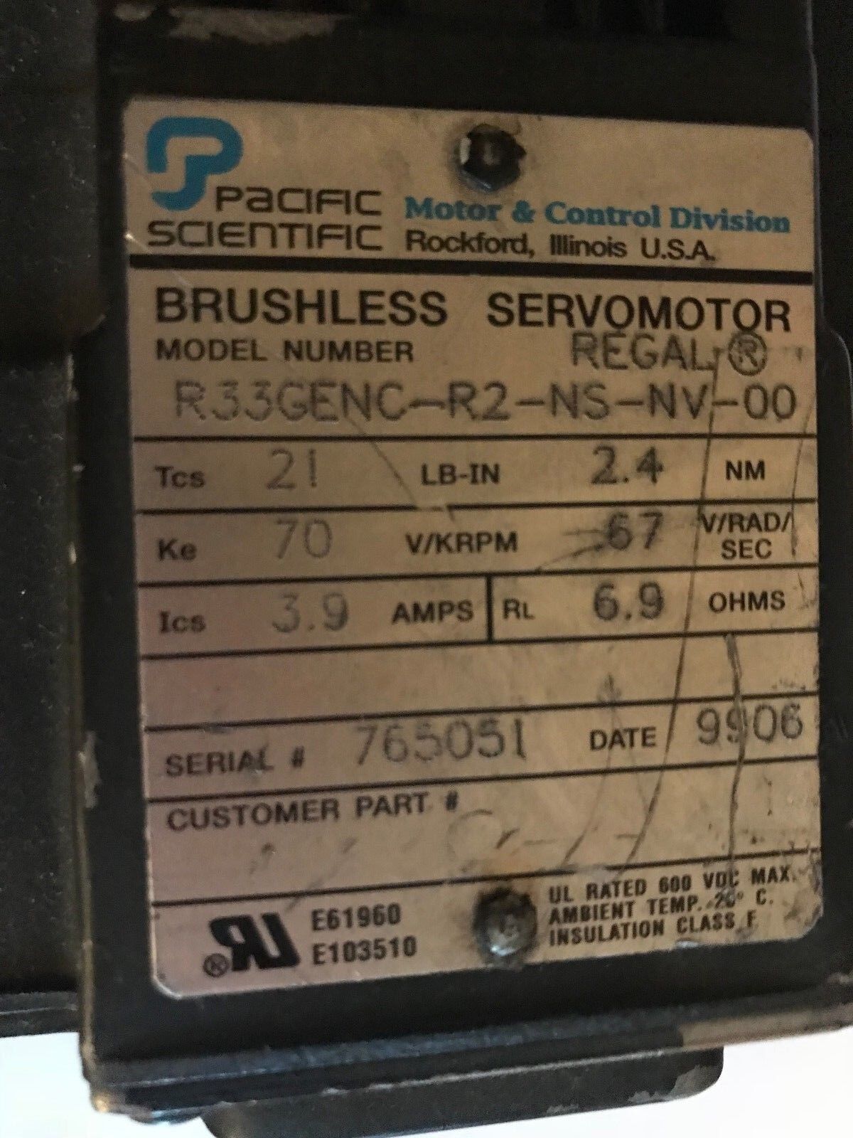 Pacific Scientific R33genc-R2-Ns-Nv-00 Servo Motor,Regal R33genc-R2-Ns-Nv-00, Eh