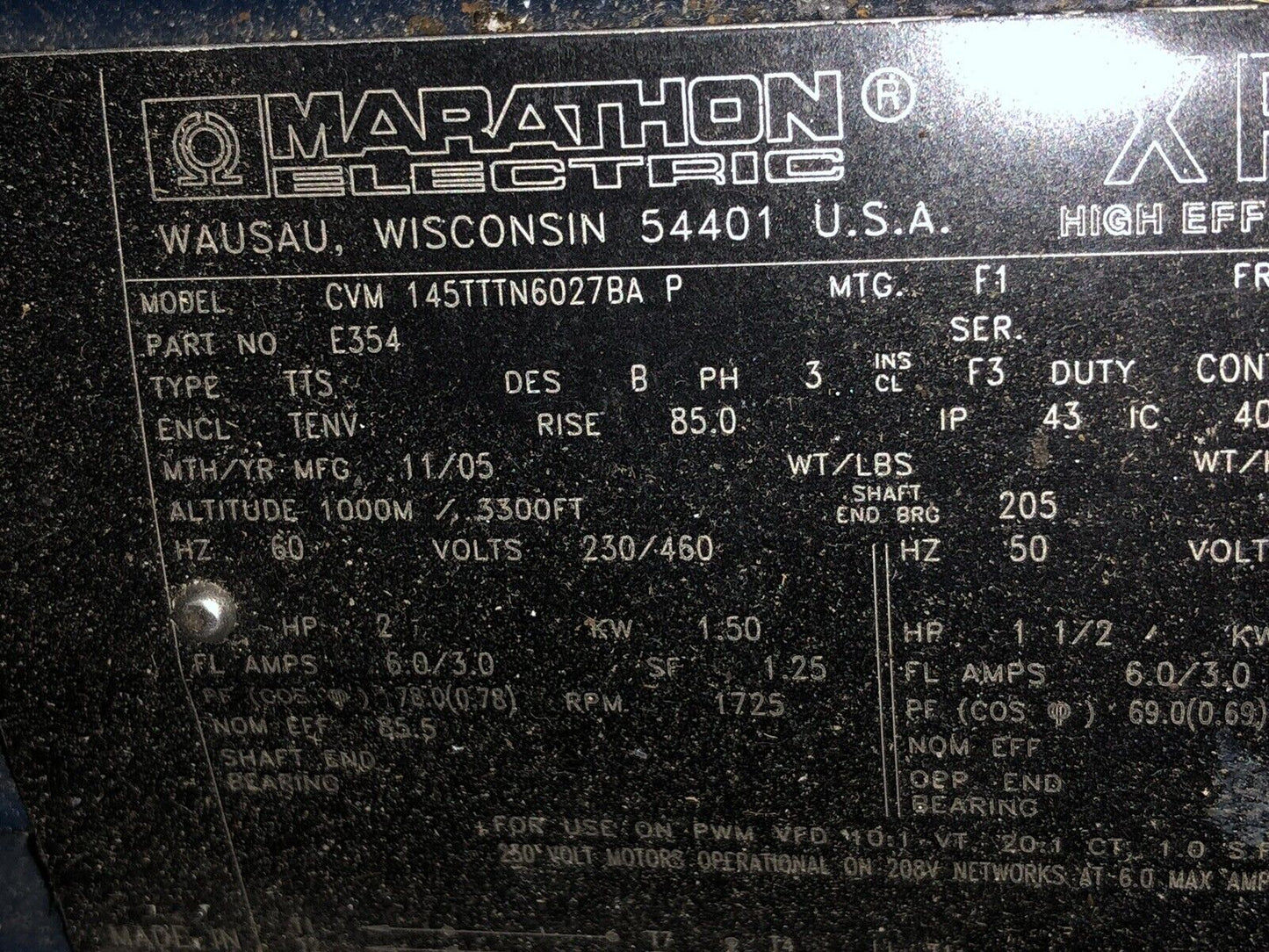 Cvm 145Tttn6027 Ba P Marathon Motors Marathon  2Hp 3P 1725Rpm 230/460,E354,Te