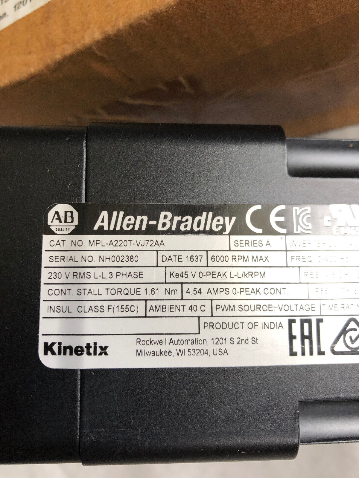 New Allen Bradley Mpl-A220t-Vj72aa Kinetix Servo Motor,Mpla220tvj72aa,Ay