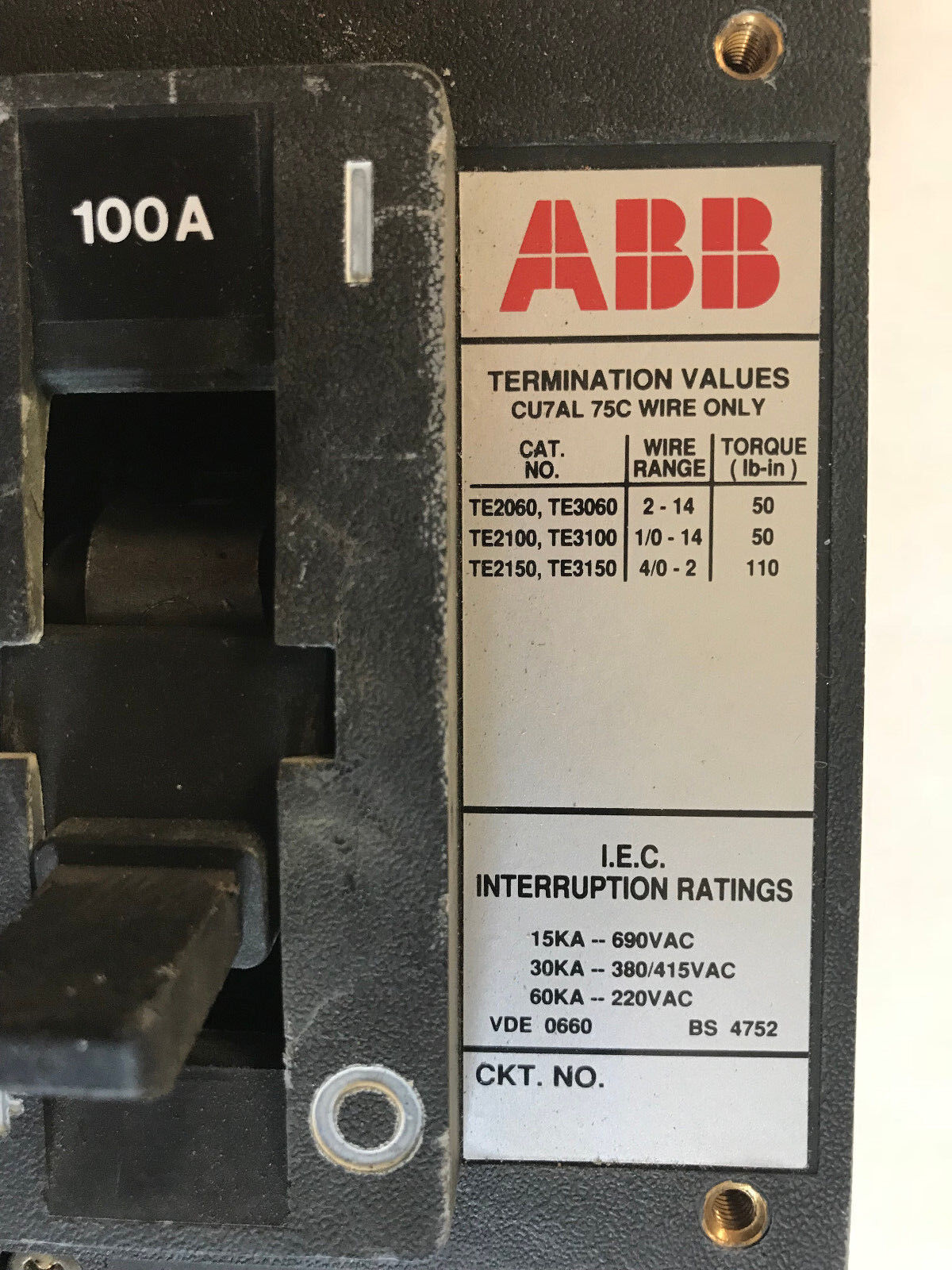 Abb Cu7al 75C,Abb Es,Rs-9743,2Pole Circuit Breaker 100A,Te2060,Te3060,Te2150,Sa