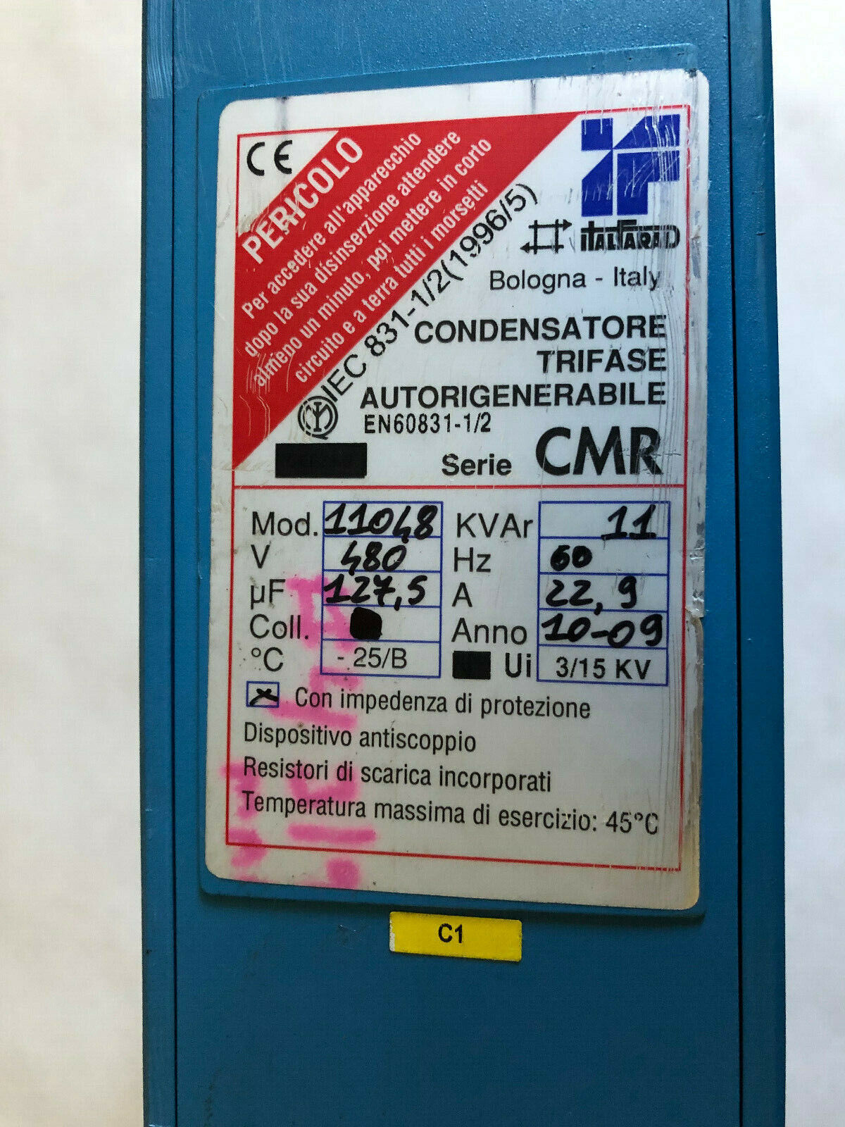 Italfarad 11048 Three Phase Condenser 480V,Condensatore Trifase,Serie Cmr,Sk