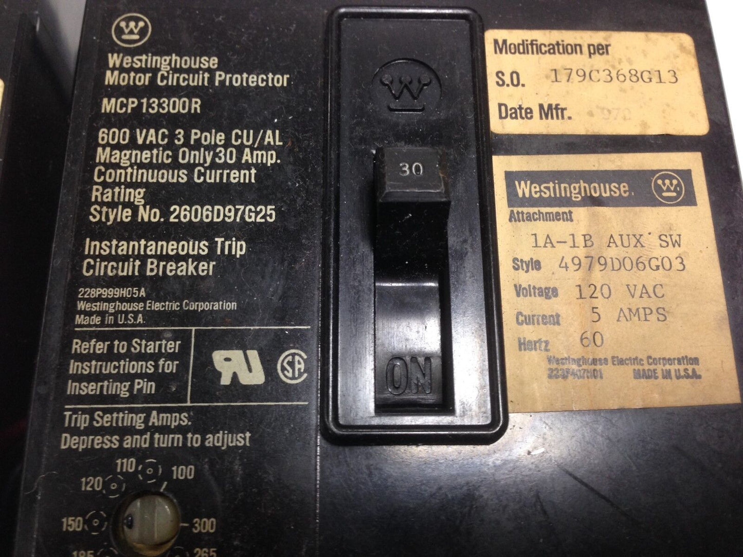 Westinghouse 4979D06g03 Circuit Breakers,30A,1A-1B Aux Mcp13300r,5Amps,Et