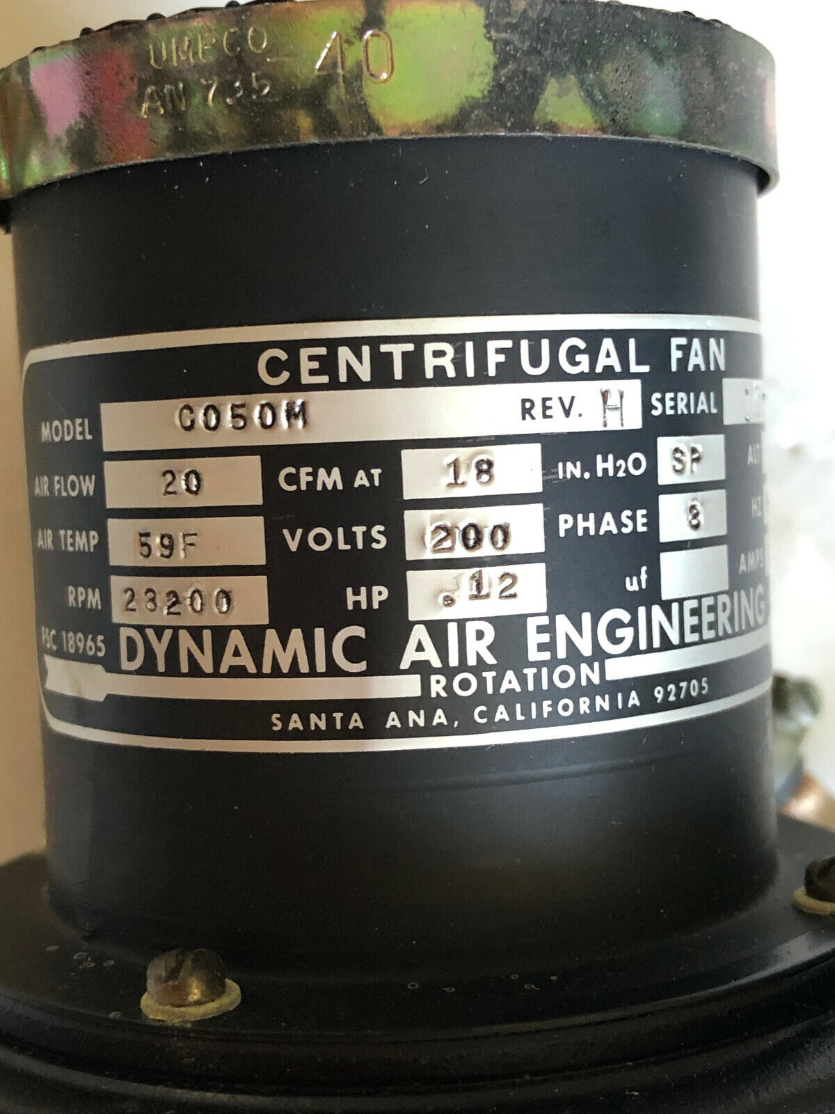 New Dynamic Air M16143alc Aircraft Centrifugal Fan G050m,20 Cfm,200 Vac,C050m,Dl