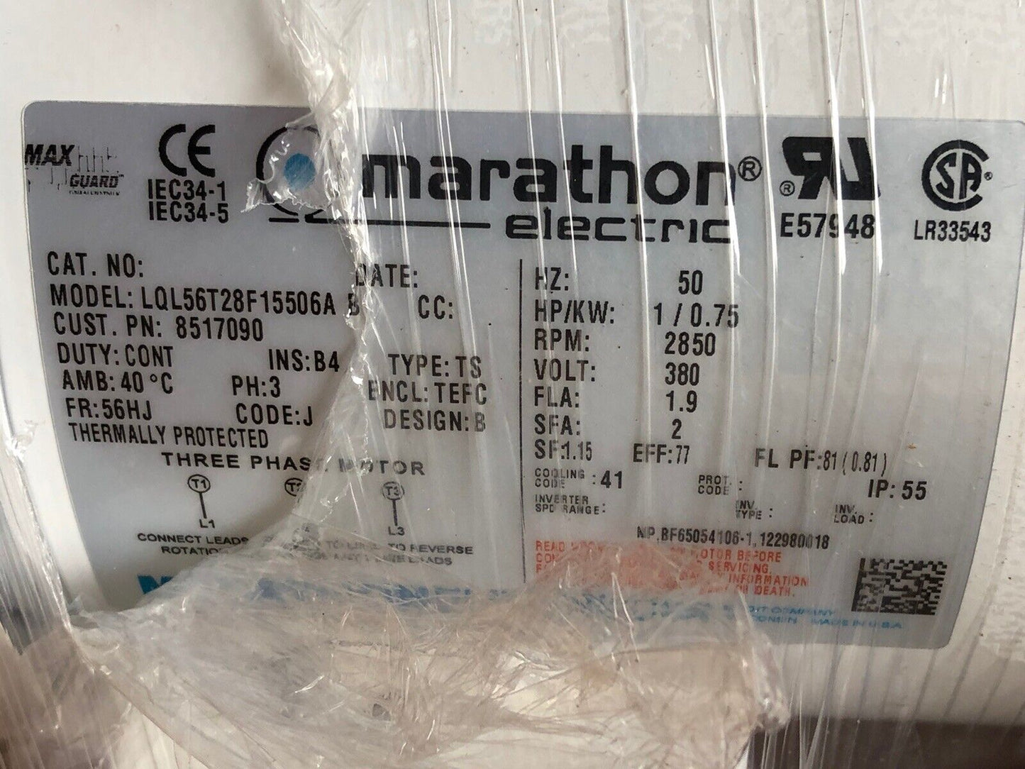 Marathon Electric 8517090 Three Phase Motor,1Hp,Marathon Lql56t28f15506a B,Av