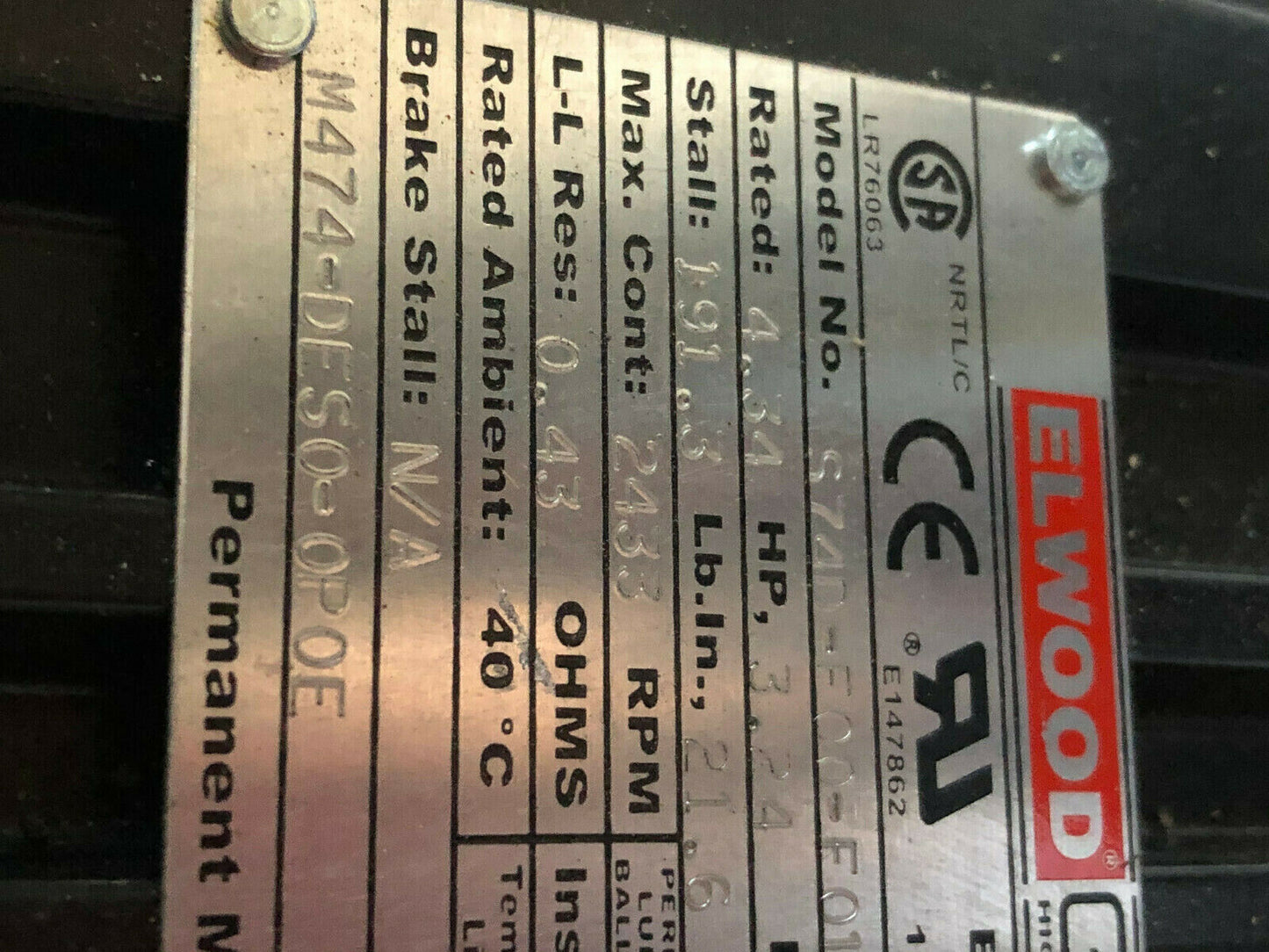 New Elwood Gettys S74d-F00-F010 Ac Servo Motor,4.34Hp,800-Rpm,230Vac,Td