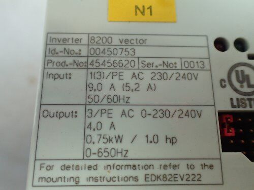 Lenze 45456620,Lenze 8200 Vector Drive,E82ev751_2B,D-31855,.75Kw 0-230/240V,Fd