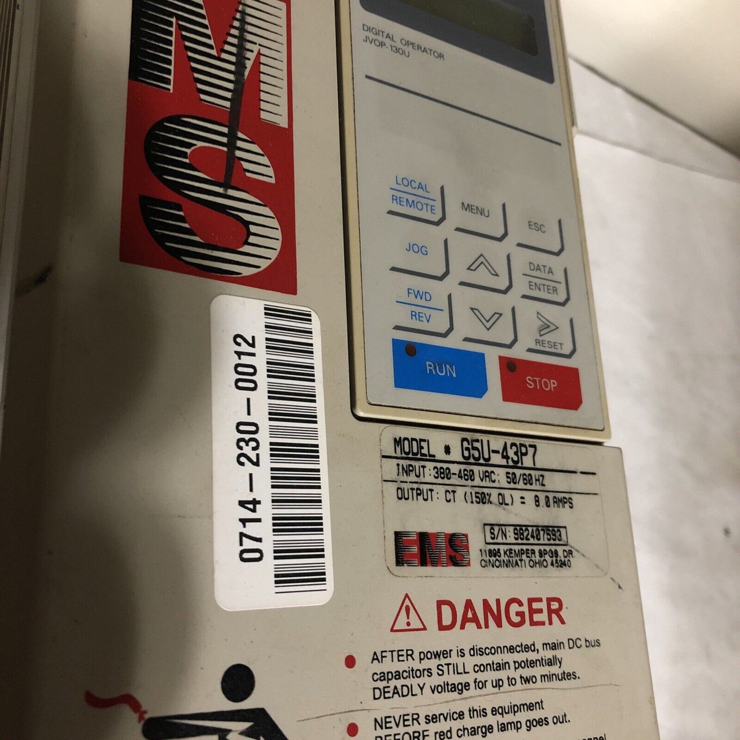 Yaskawa Cimr-G5u20p4 Ac Drive,3 Ph 200-230 Vac,3.9 Amp,G5u-43P7,Yplt31001-1G,Aa
