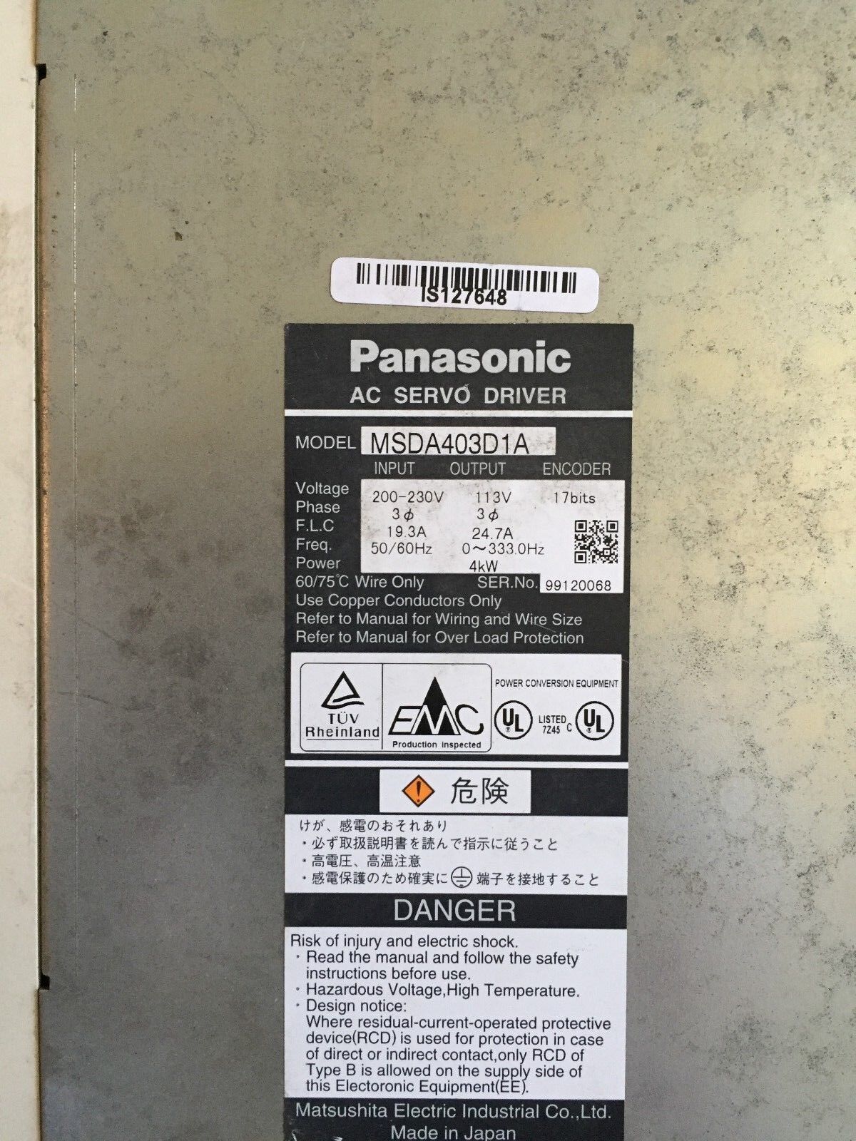 Panasonic Msda403d1a Ac Servo-Driver 113V Output,17Bits Encoder,4Kw,Bq