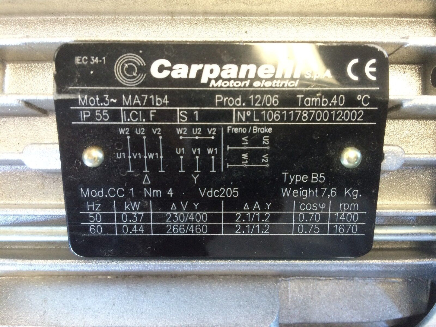 Carpanelli Ma71b4 3-Ph Ac Motor,Sef Rmi 70 F2 Gearbox,1/100-Ratio,3-Ma71b4,Br