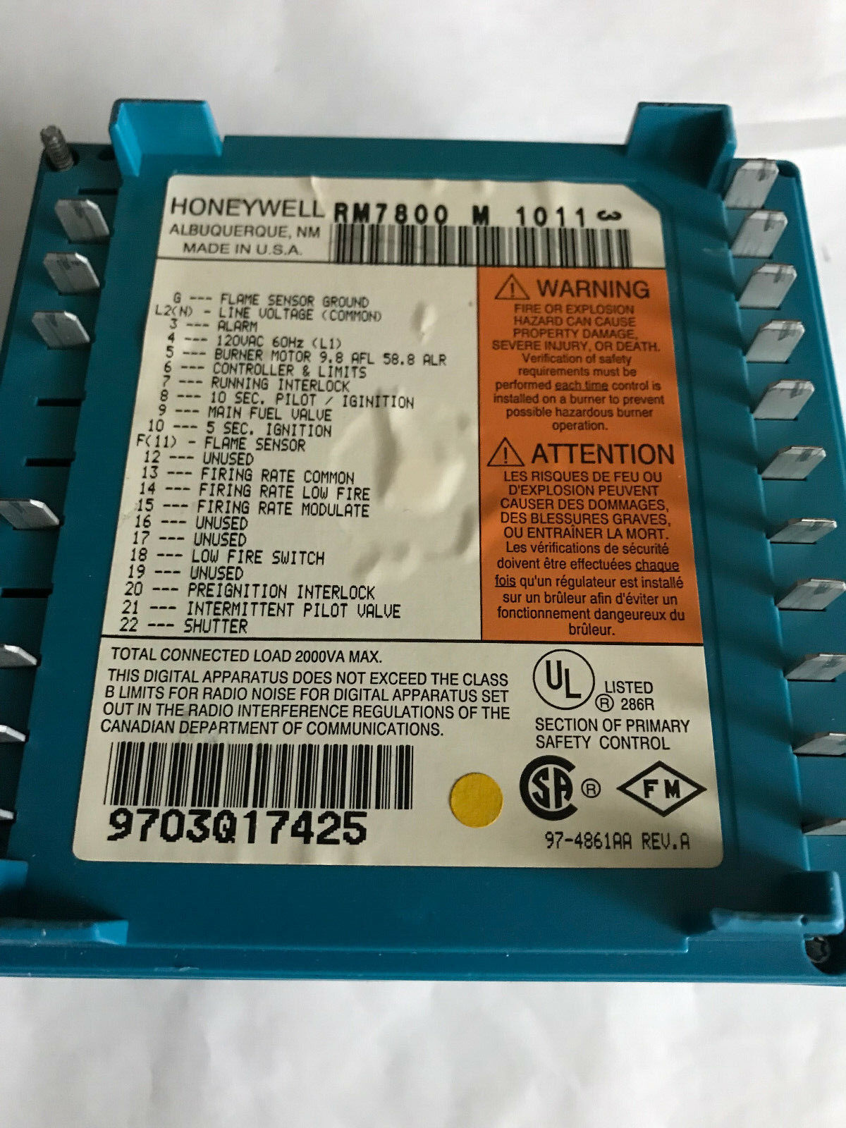 Honeywell Rm7800m1011 Burner Control Rm7800 M 1011,Bw,Sc,Cf,Ev,Eb,By,Bx