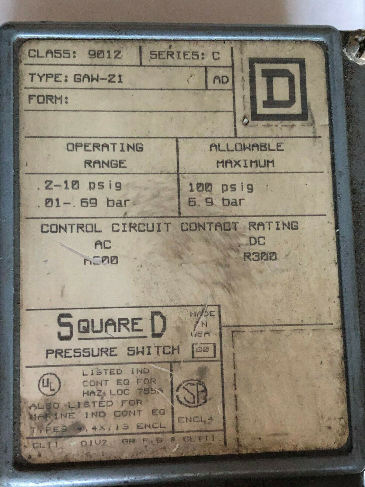 New Square-D 9012-Gaw-21,9012 Gaw-21 Industrial Pressure Switch,2-10 Psi,Se
