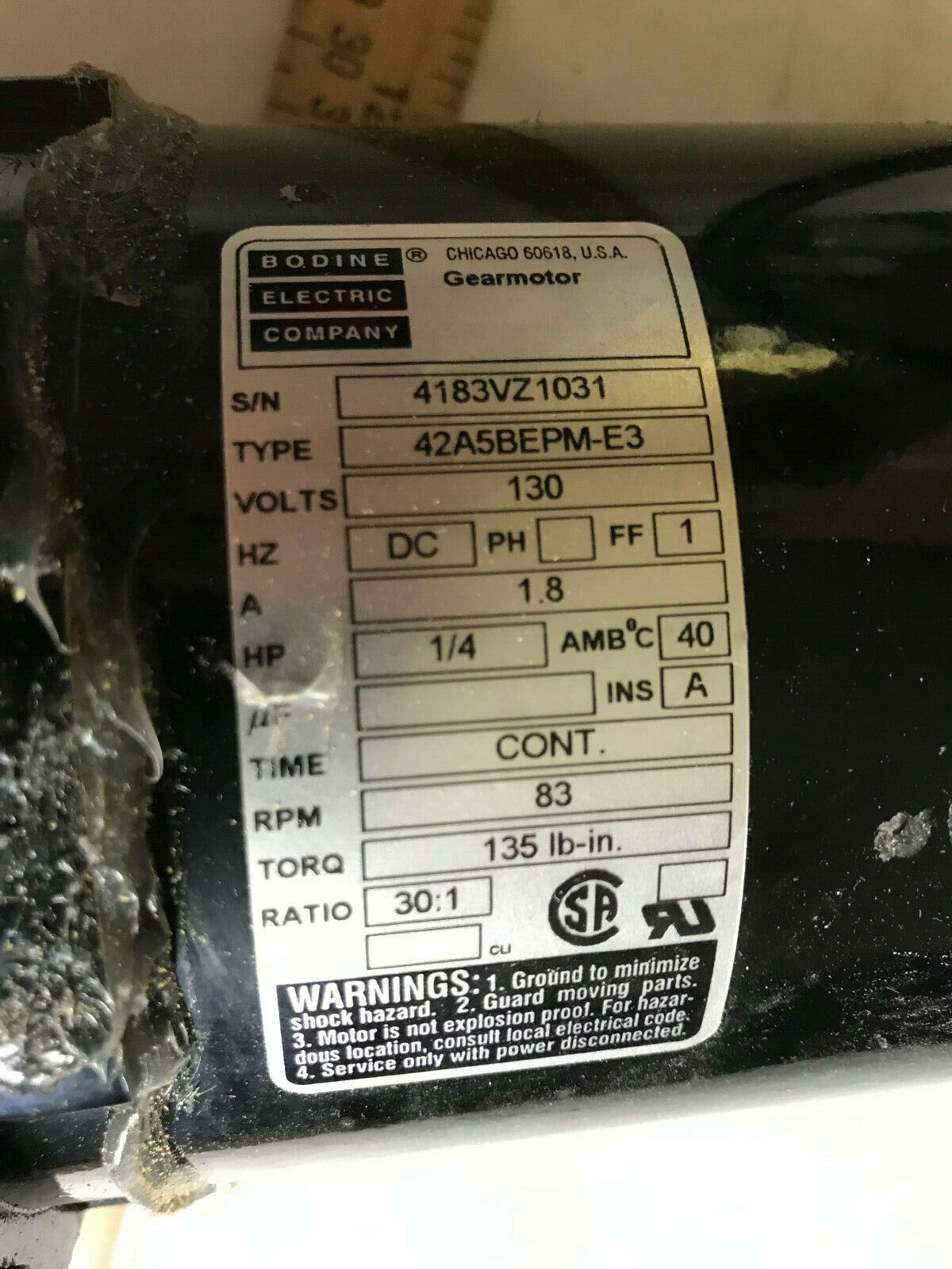 Bodine 42A5bepm-E3,Apj3385 Gearmotor. 130Vdc, 1.8A, 1/4Hp,Th